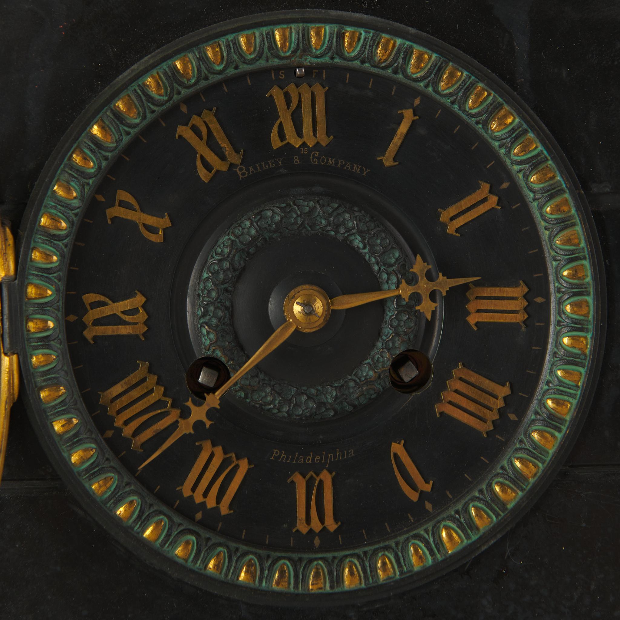 Egyptian Revival Marble Clock with Two Candelabra Granitures For Sale 2