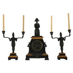 Egyptian Revival Marble Clock with Two Candelabra Granitures