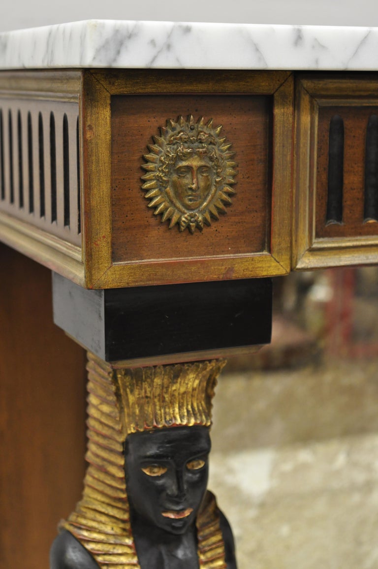 Egyptian Revival Marble Top Figural Carved Ebonized Console Hall Table w Drawers For Sale 5