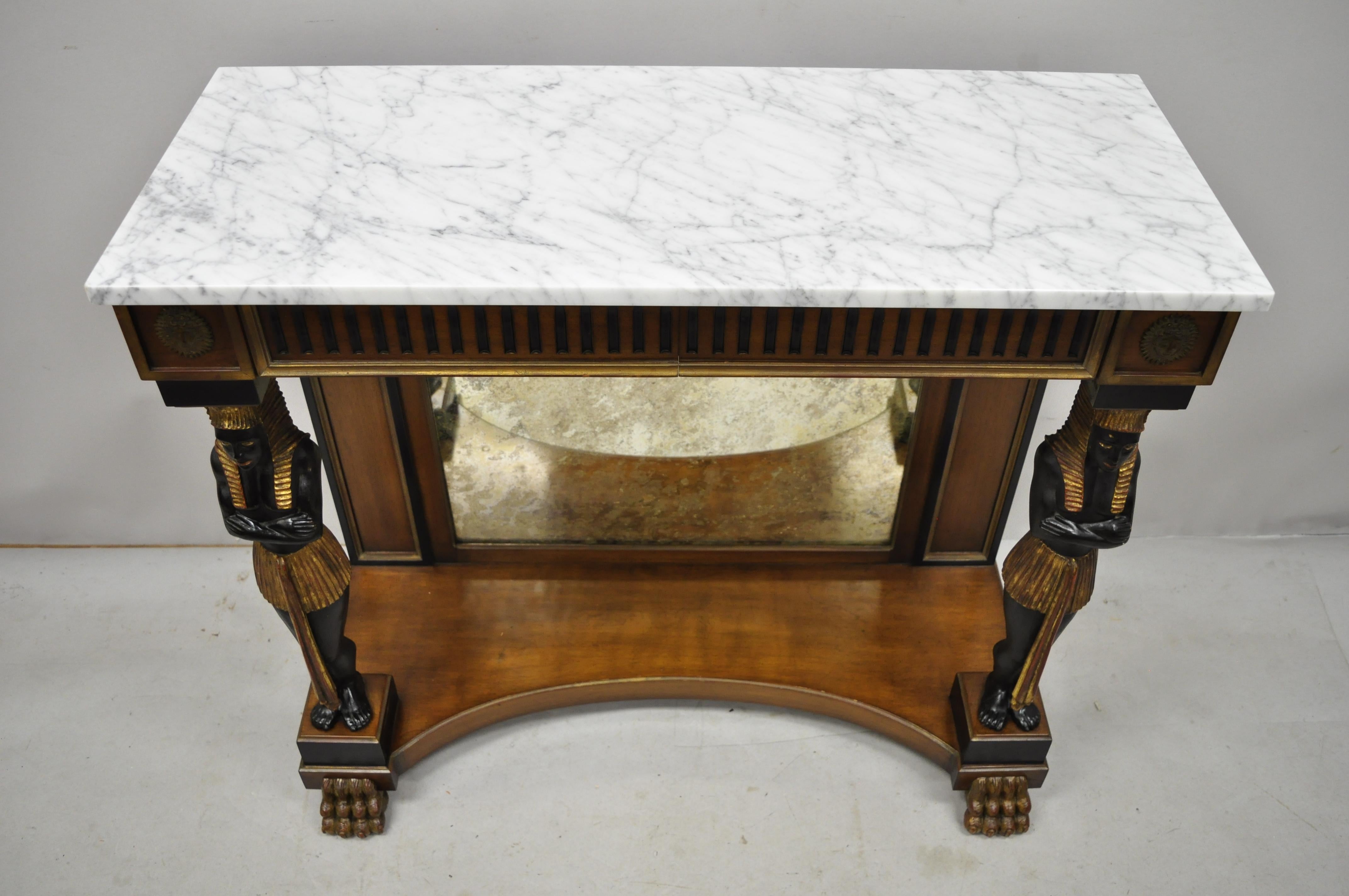 Egyptian Revival Marble Top Figural Carved Ebonized Console Hall Table w Drawers 4