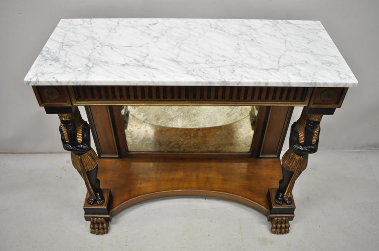 Egyptian Revival Marble Top Figural Carved Ebonized Console Hall Table w Drawers For Sale 6