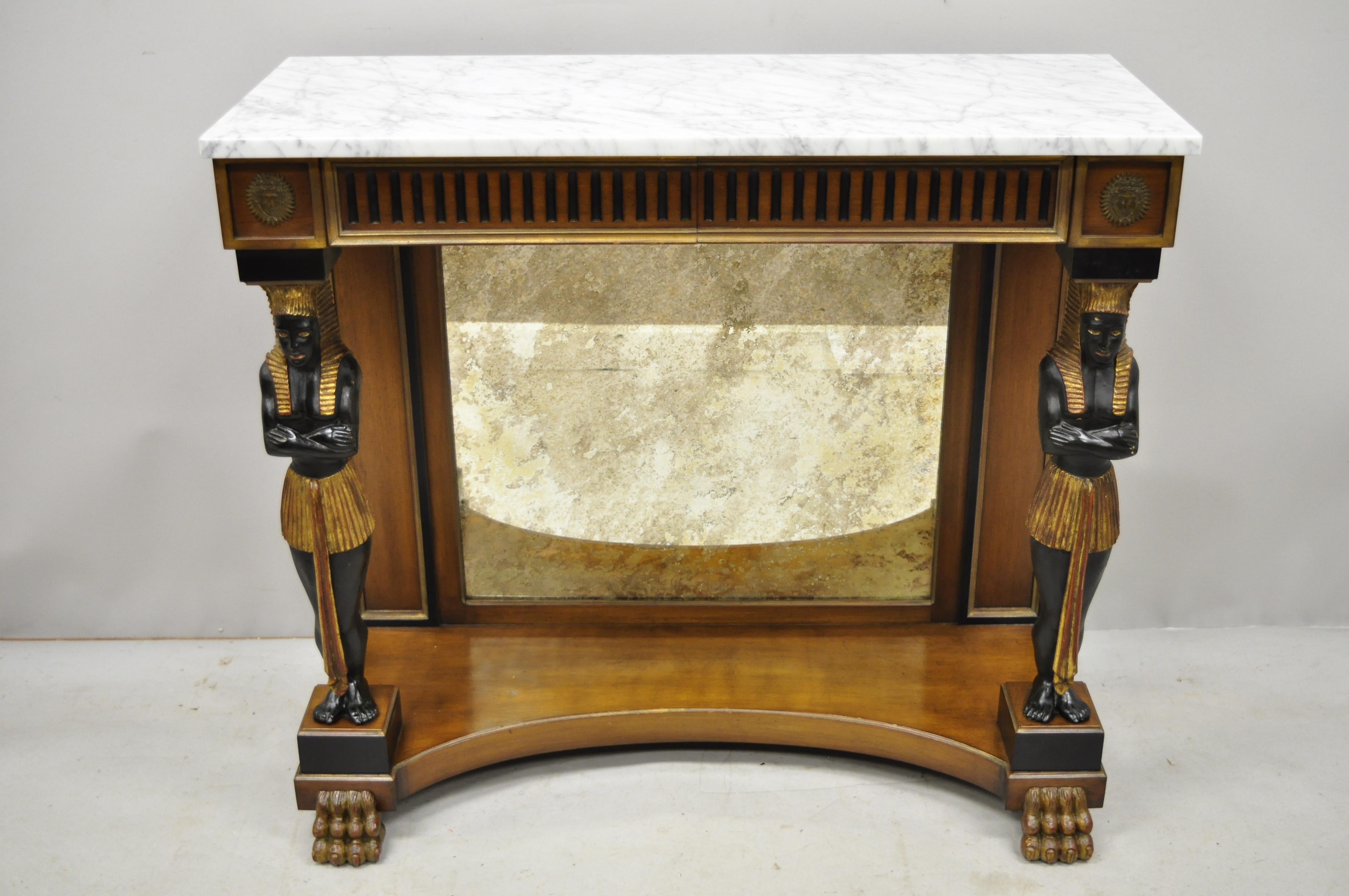 Egyptian Revival Marble Top Figural Carved Ebonized Console Hall Table w Drawers 5