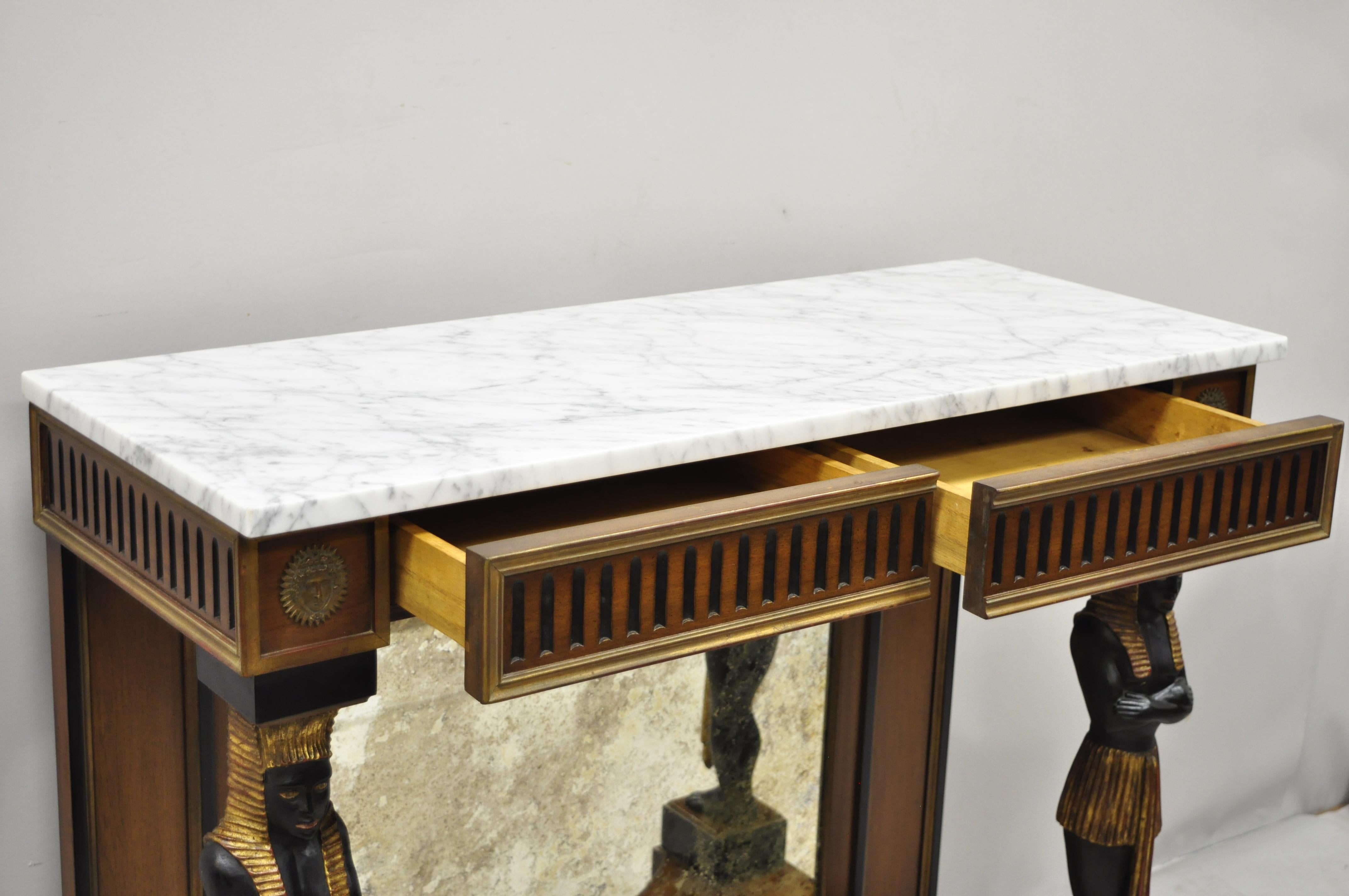 20th Century Egyptian Revival Marble Top Figural Carved Ebonized Console Hall Table w Drawers