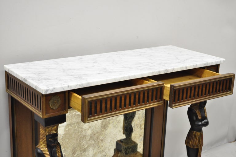 Egyptian Revival Marble Top Figural Carved Ebonized Console Hall Table w Drawers For Sale 1