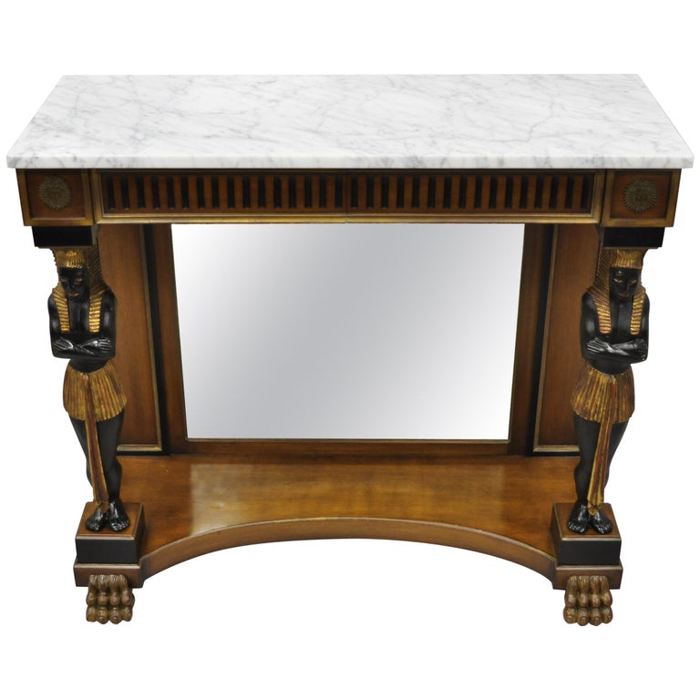 Egyptian Revival Marble Top Figural Carved Ebonized Console Hall Table w Drawers For Sale