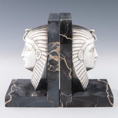 Egyptian Revival Mask Bookends – Marble and Bronze c1925