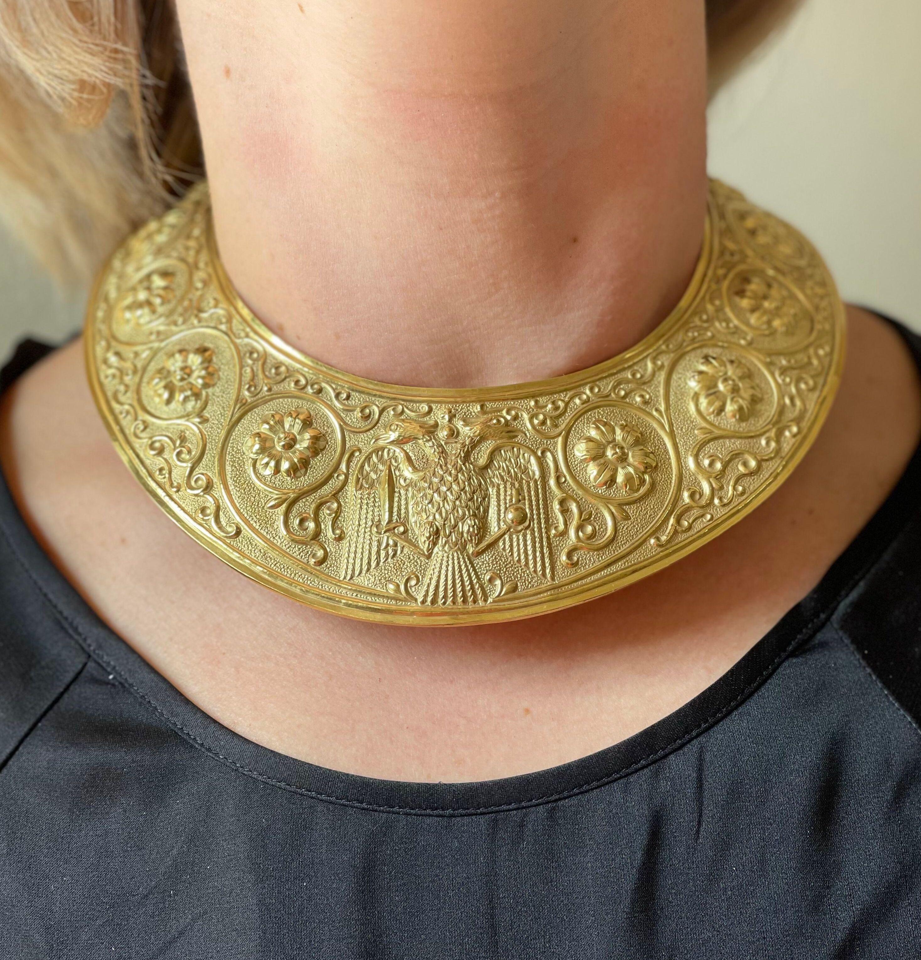 Impressive 18k gold Egyptian revival collar necklace, crafted in traditional manner for the Pharaoh era, a beautiful and unique piece.  The necklace will fit an average size neck, approximately 13-14