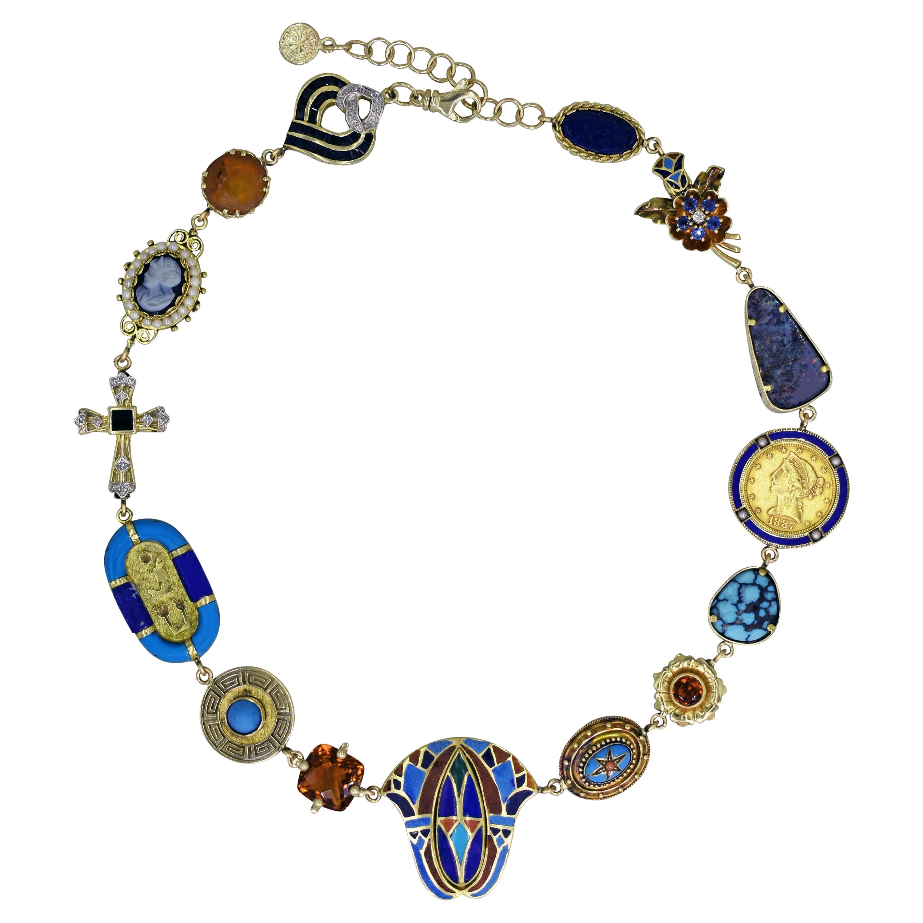 Egyptian Revival Multi-Gemstone and Vintage Pendant 14k Gold Bohemian Necklace