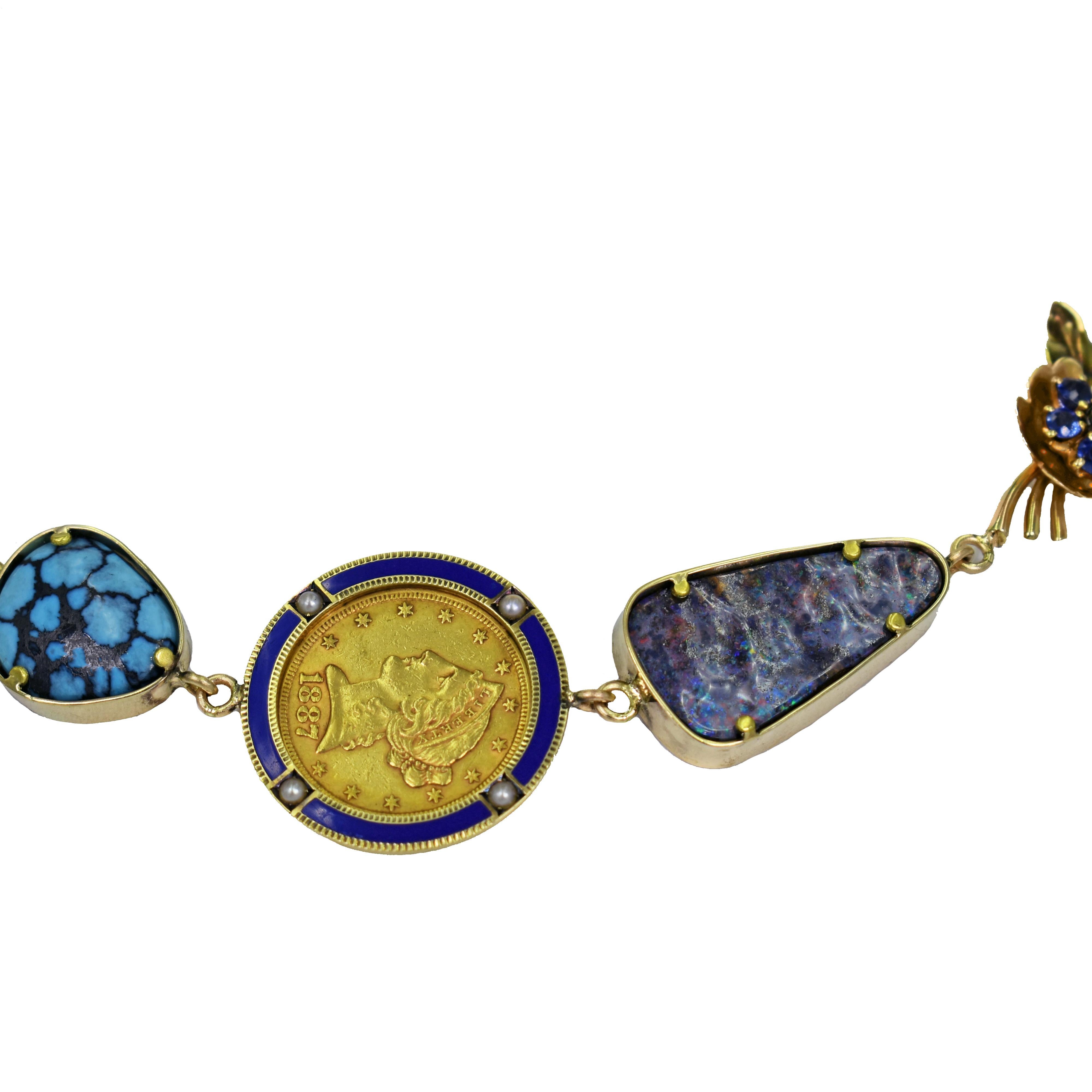 Egyptian Revival Multi-Gemstone and Vintage Pendant 14k Gold Bohemian Necklace In New Condition In Naples, FL