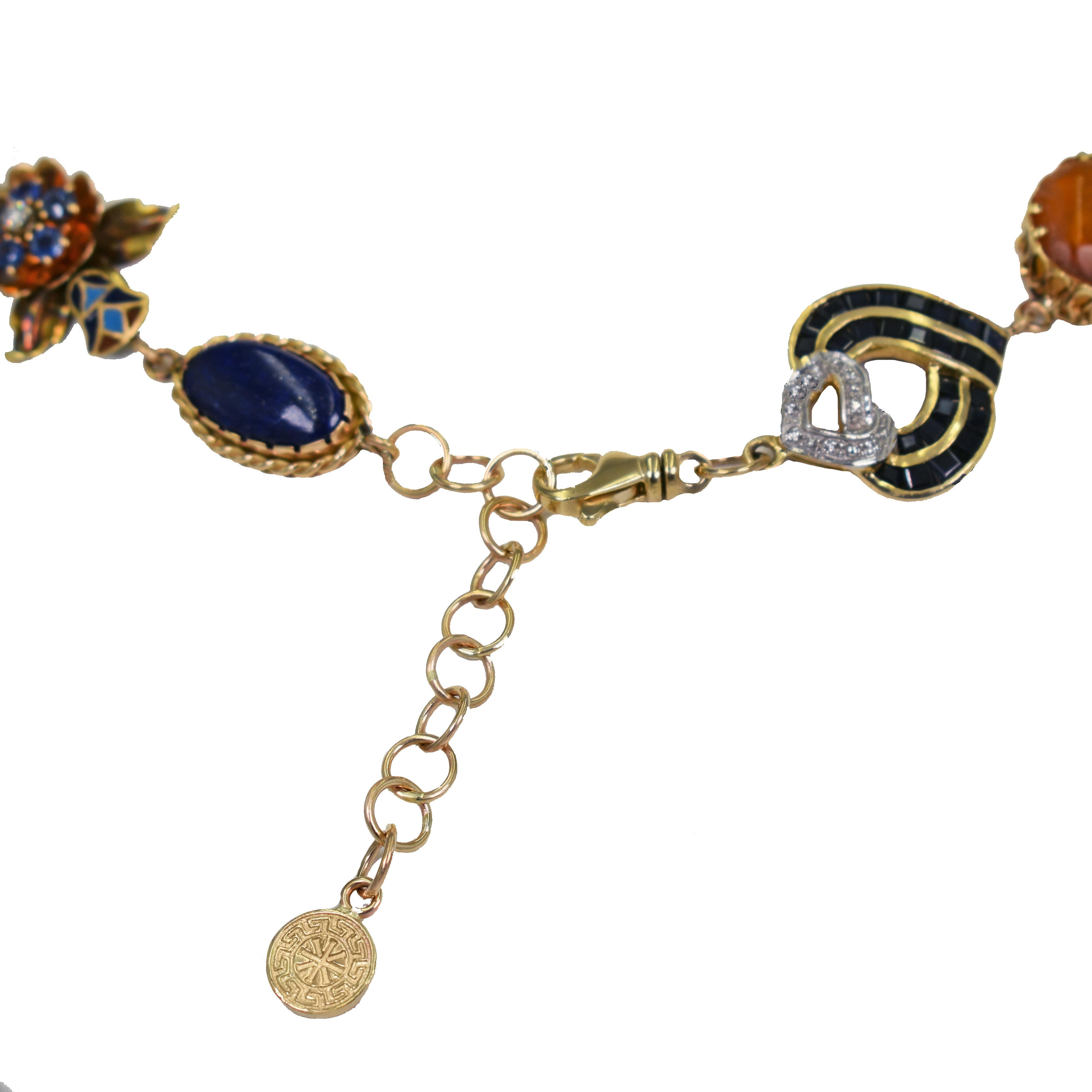 Women's Egyptian Revival Multi-Gemstone and Vintage Pendant 14k Gold Bohemian Necklace