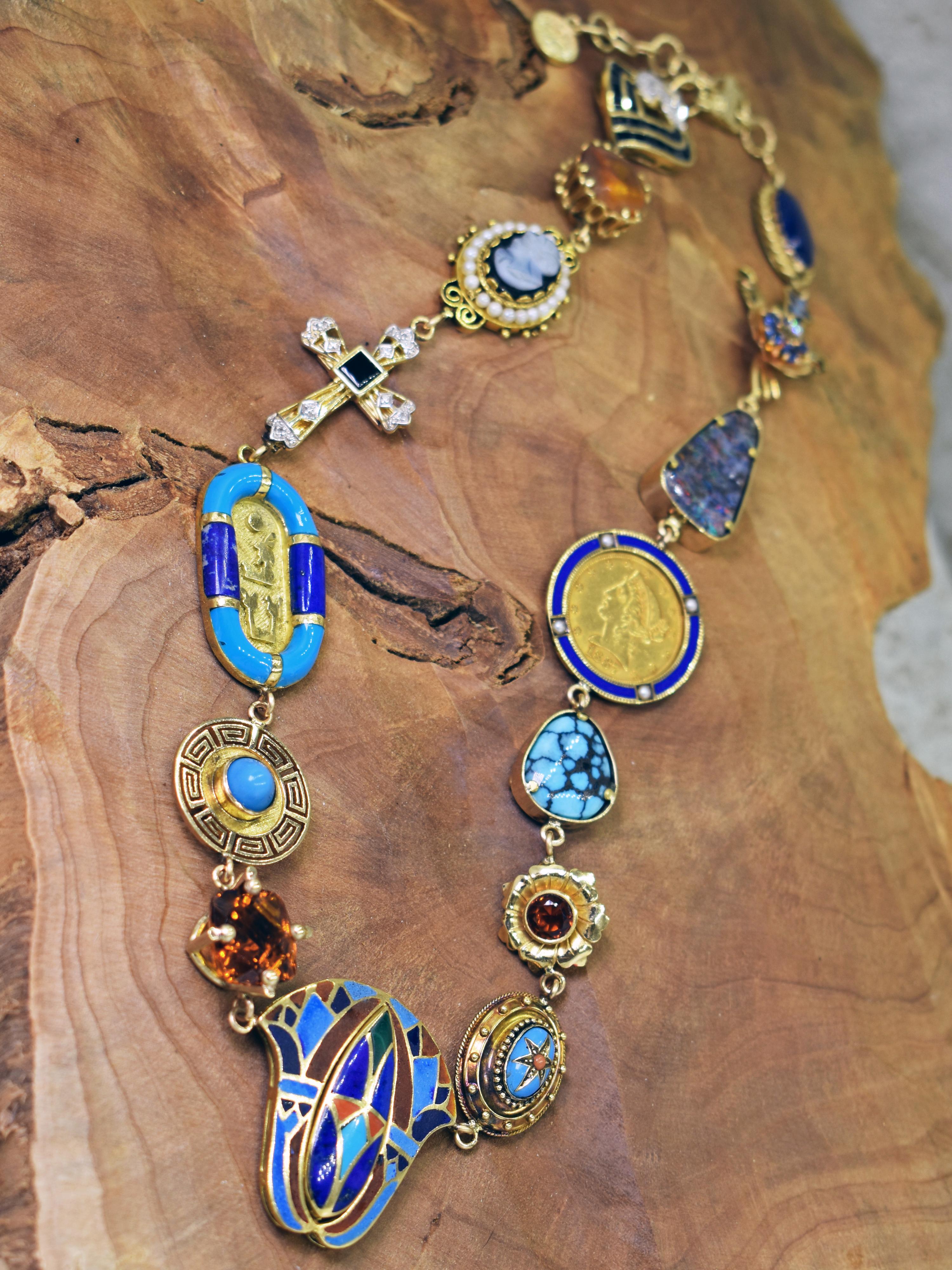 Egyptian Revival Multi-Gemstone and Vintage Pendant 14k Gold Bohemian Necklace 2