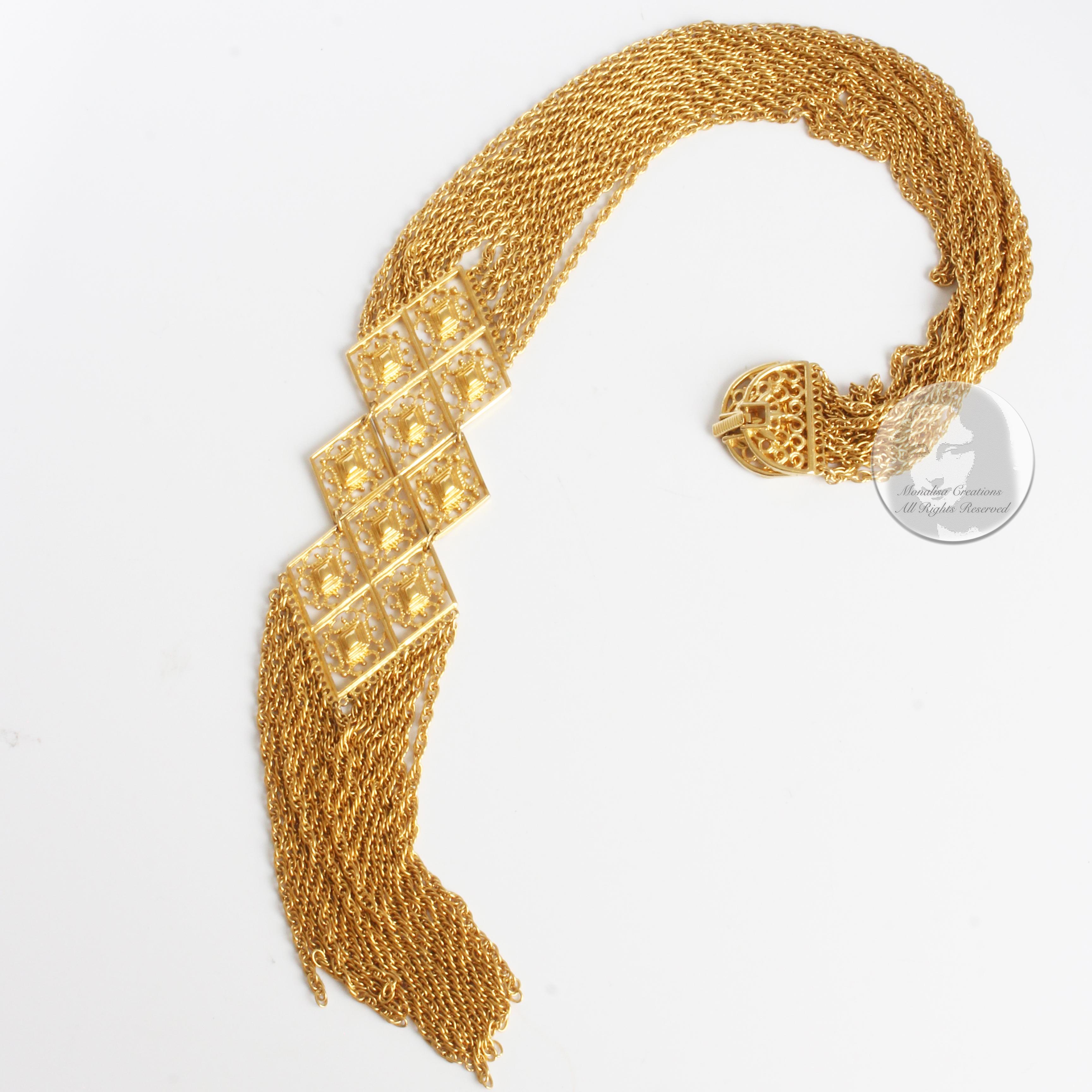 Egyptian Revival Necklace Goldette Multistrand Chain Oversized Dangle 70s  4