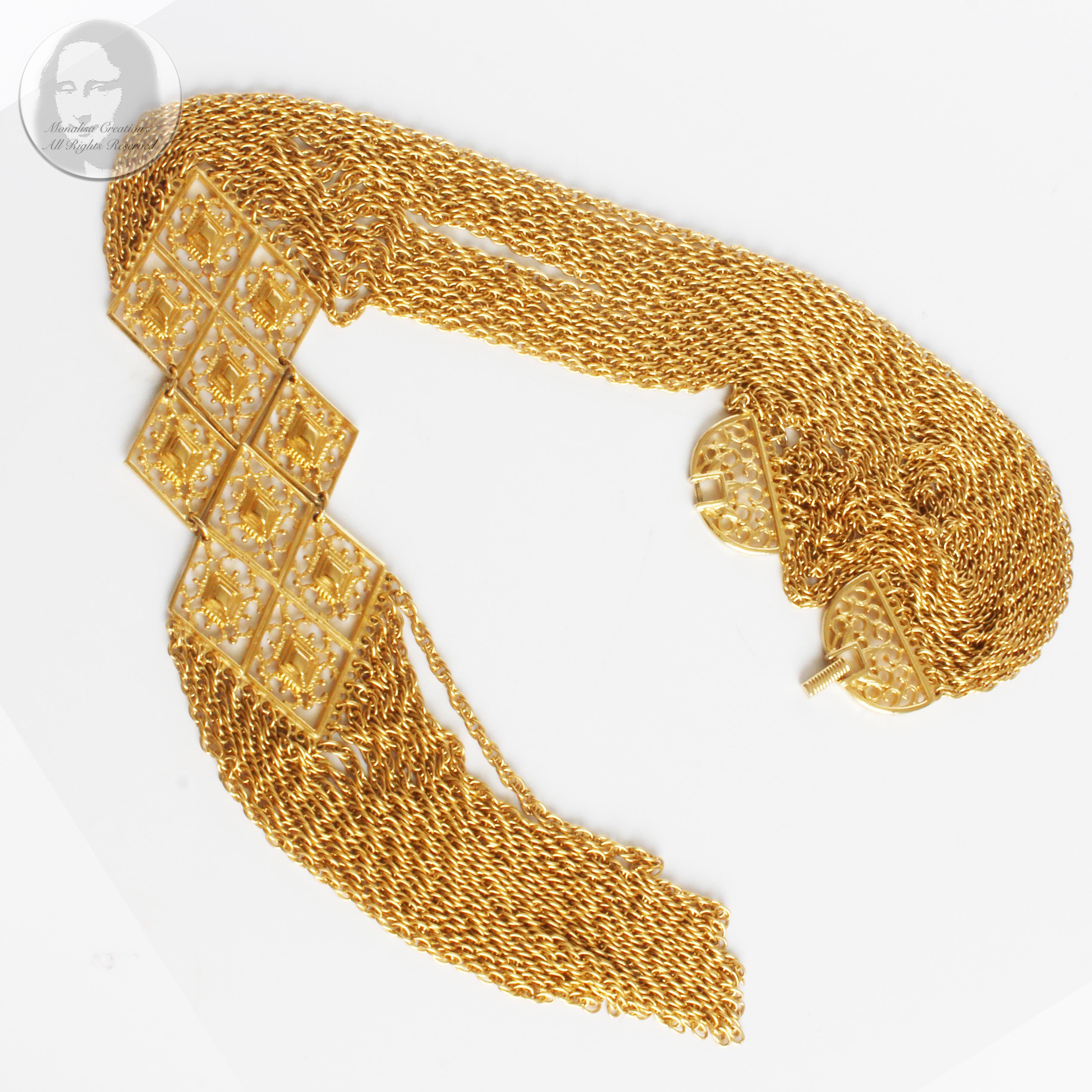 Egyptian Revival Necklace Goldette Multistrand Chain Oversized Dangle 70s  1