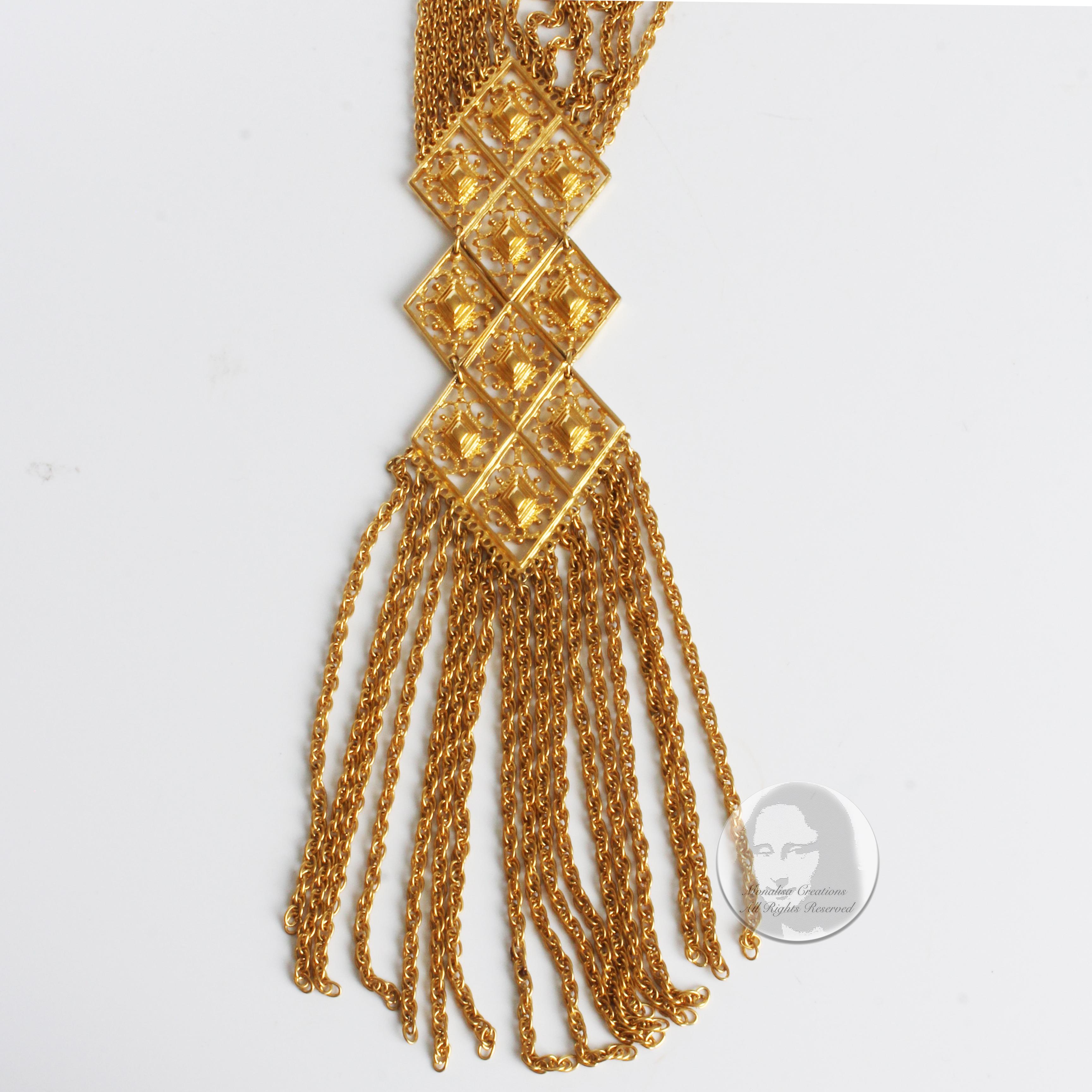 Egyptian Revival Necklace Goldette Multistrand Chain Oversized Dangle 70s  2