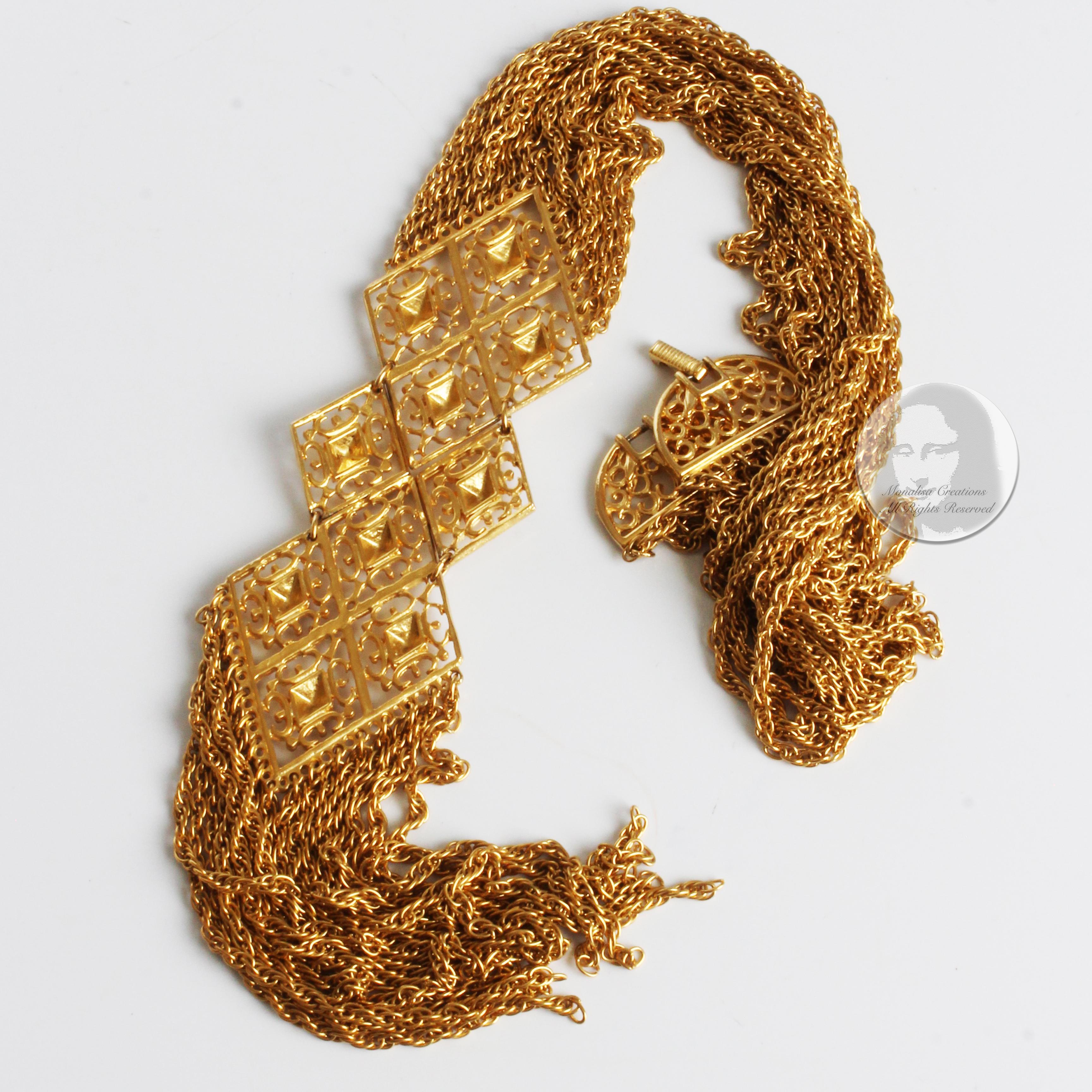 Egyptian Revival Necklace Goldette Multistrand Chain Oversized Dangle 70s  3