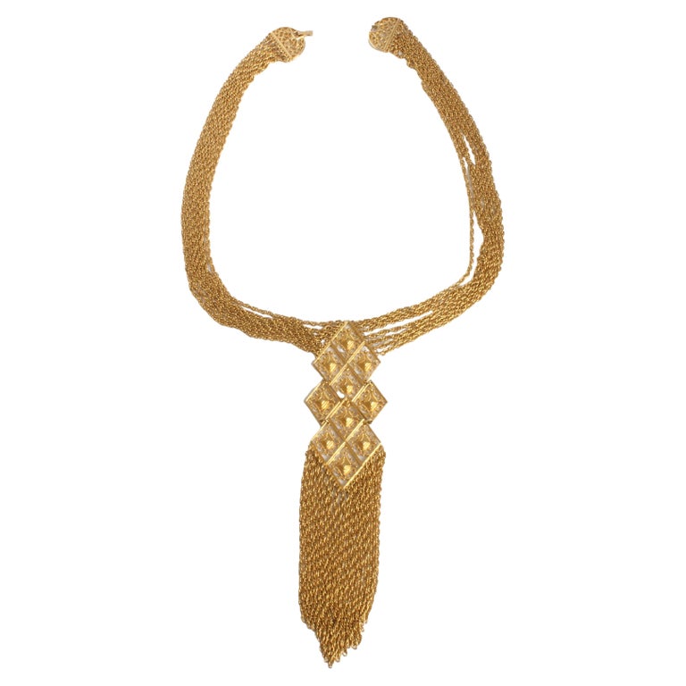 Egyptian Revival Necklace Goldette Multistrand Chain Oversized Dangle 70s  For Sale at 1stDibs