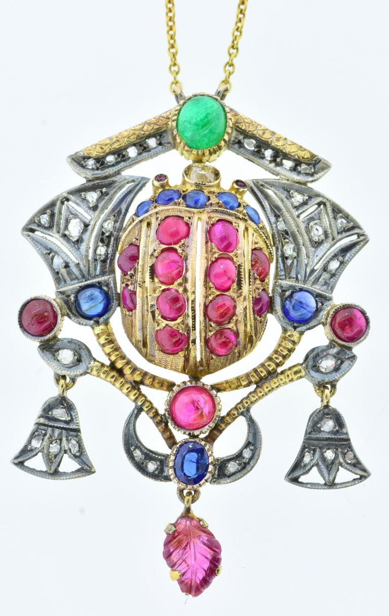 Cabochon Egyptian Revival Necklace with Diamonds, Rubies, Sapphires and Emerald, c. 1920 For Sale