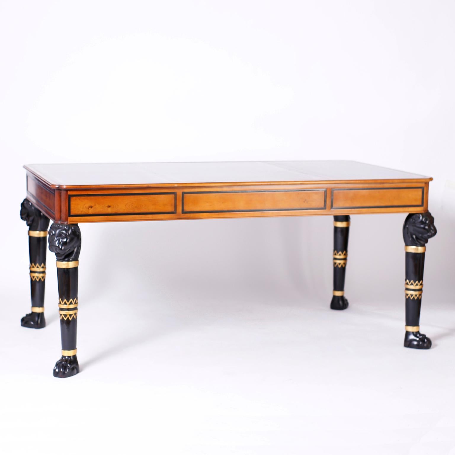 Egyptian Revival Neoclassical Style Leather Top Desk In Good Condition For Sale In Palm Beach, FL