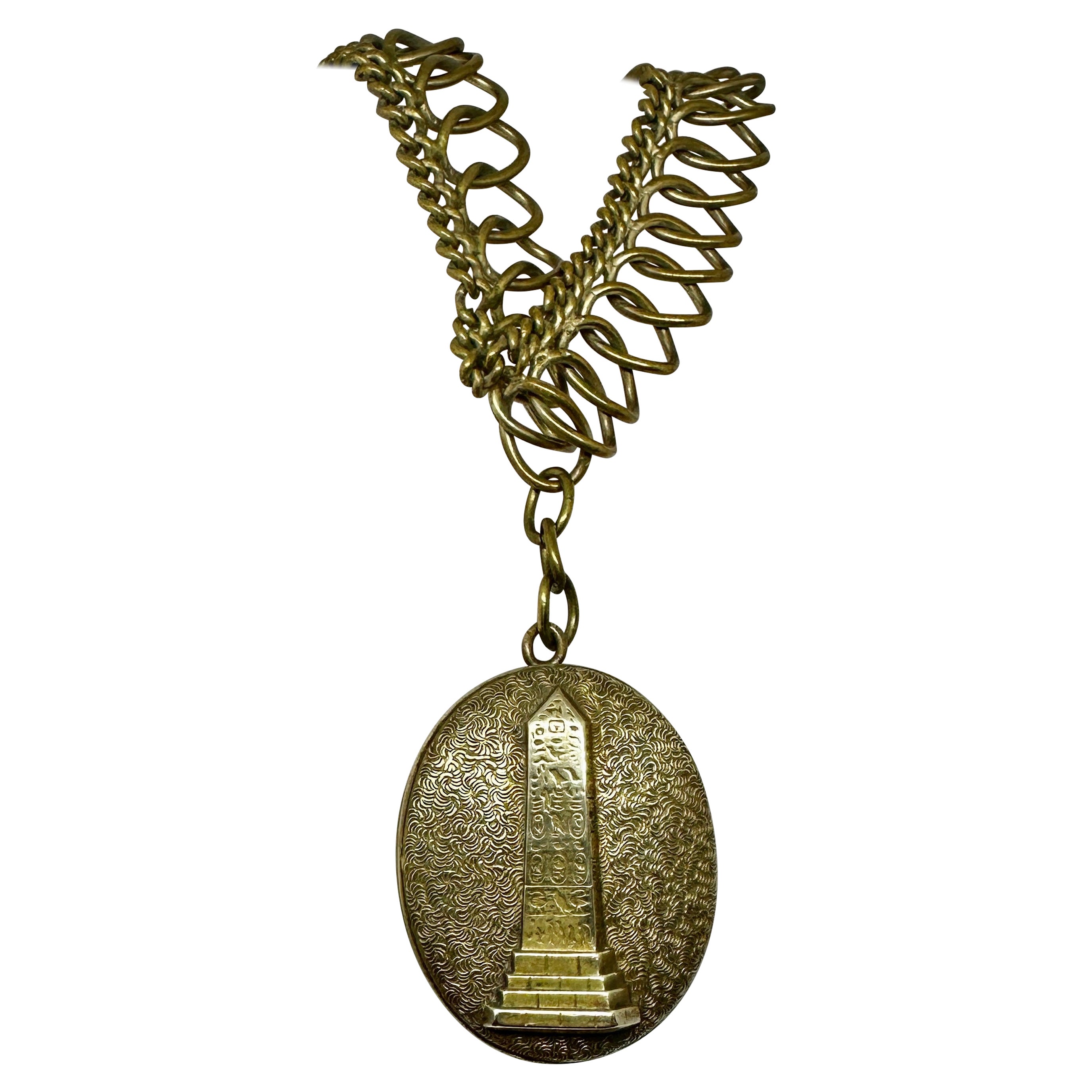 Egyptian Revival Obelisk Hieroglyphics Locket Necklace Art Deco Victorian