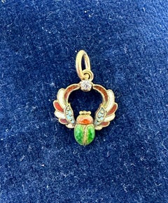 Egyptian Revival Old Mine Diamond Enamel Winged Scarab Pendant Necklace Art Deco
