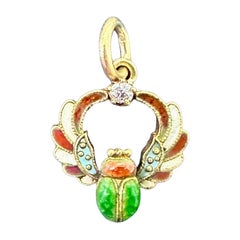 Egyptian Revival Old Mine Diamond Enamel Winged Scarab Pendant Necklace Art Deco