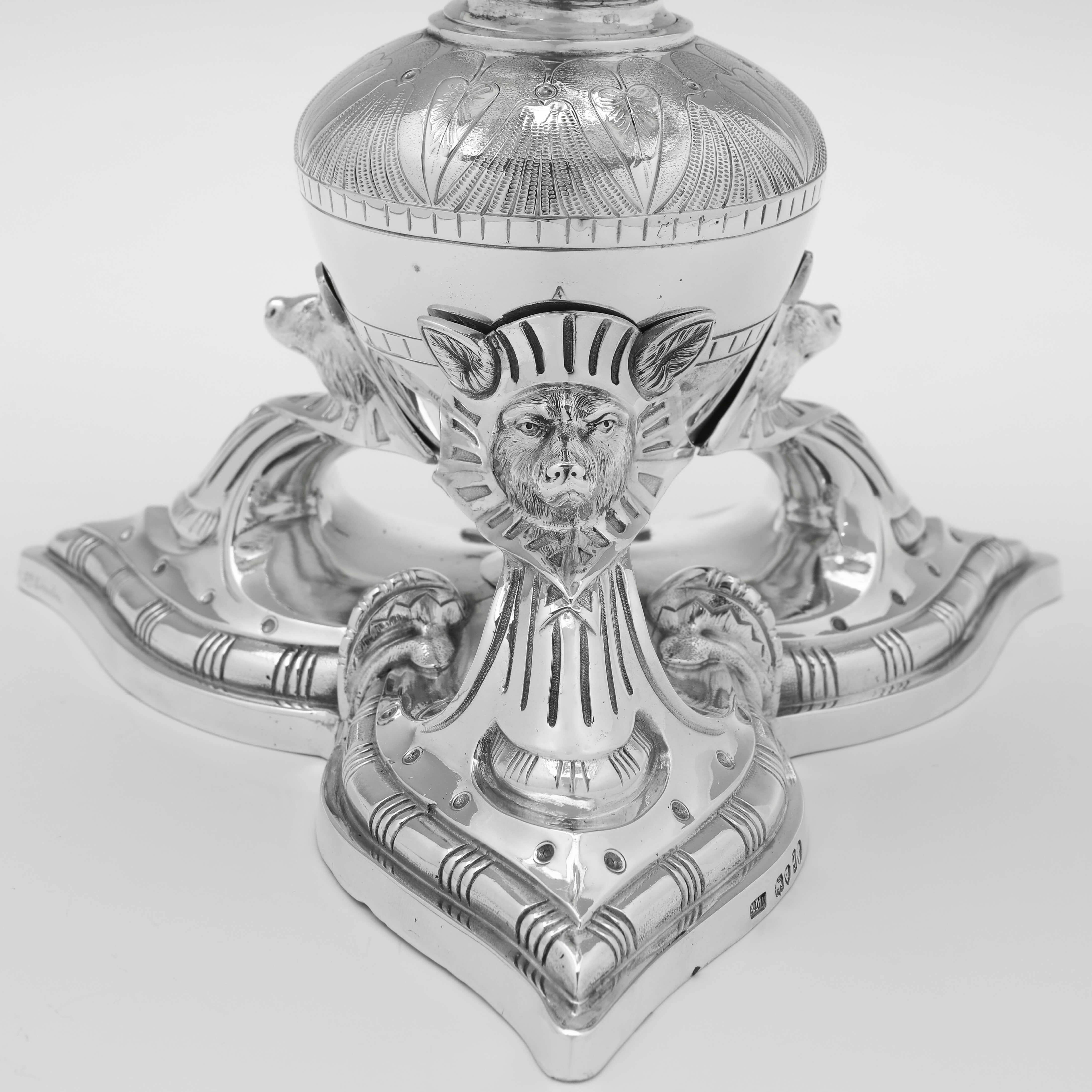 Egyptian Revival Pair of Victorian Antique Sterling Silver Dessert Stands, 1871 For Sale 1