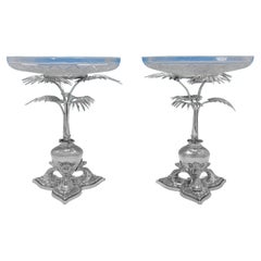 Egyptian Revival Pair of Victorian Used Sterling Silver Dessert Stands, 1871