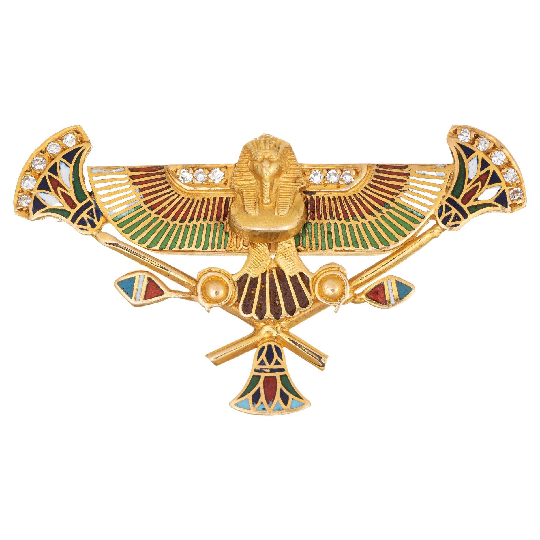 Ägyptische Revival-Brosche Pharaonen 18k Gelbgold Diamant-Emaille Art Deco 