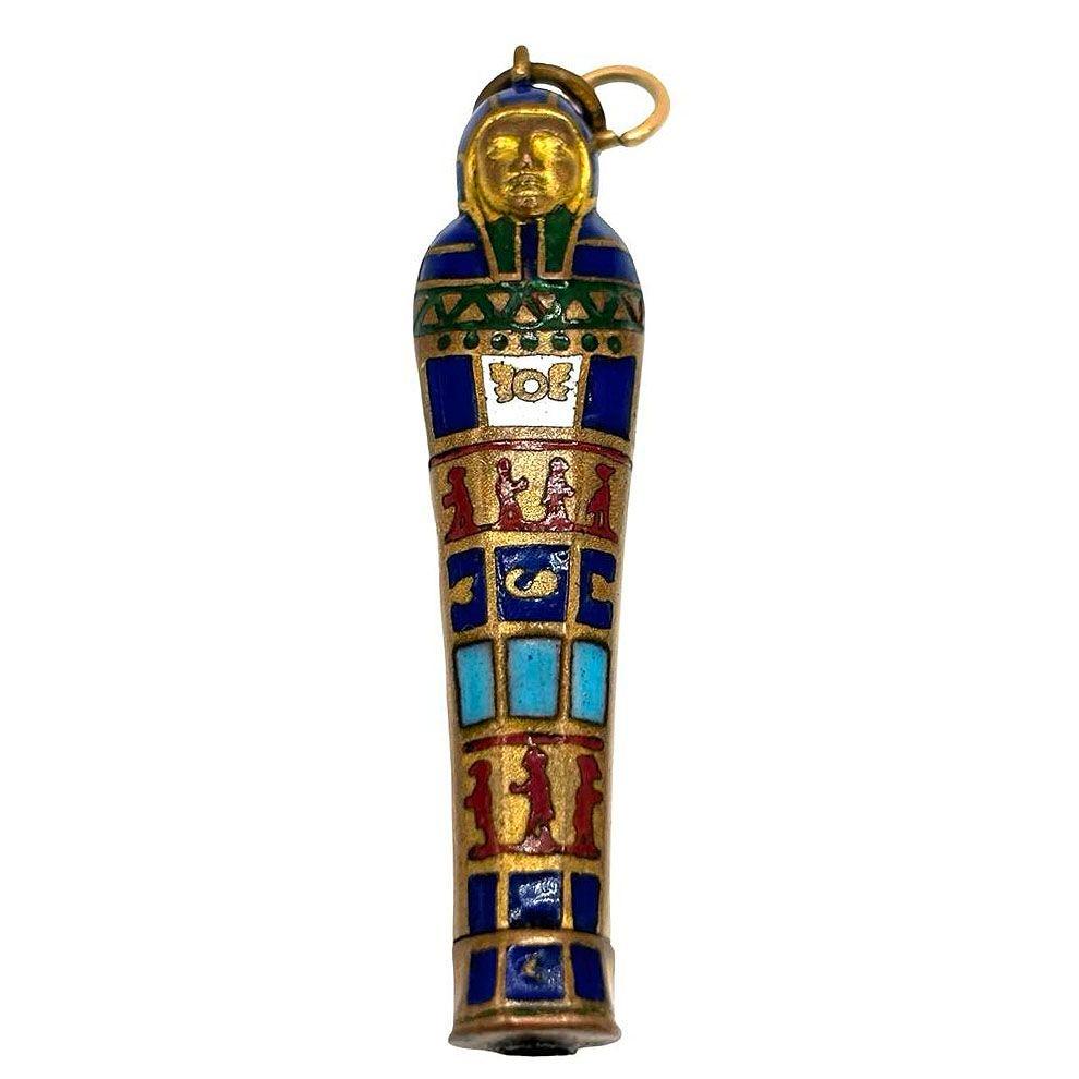 Art Deco Egyptian Revival Pharaoh Sarcophagus Gilt & Enamel Retractable Pencil Pendant For Sale