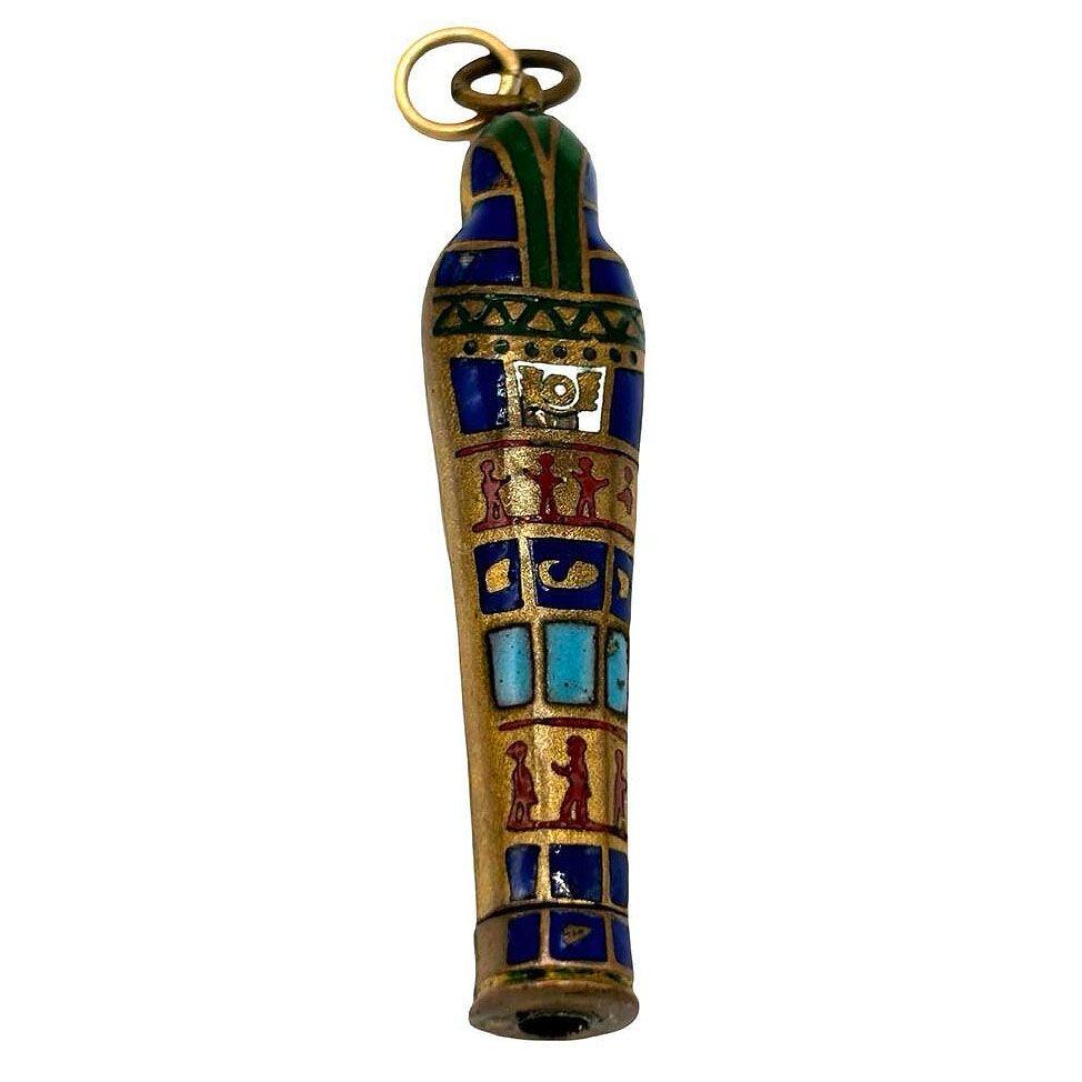 American Egyptian Revival Pharaoh Sarcophagus Gilt & Enamel Retractable Pencil Pendant For Sale
