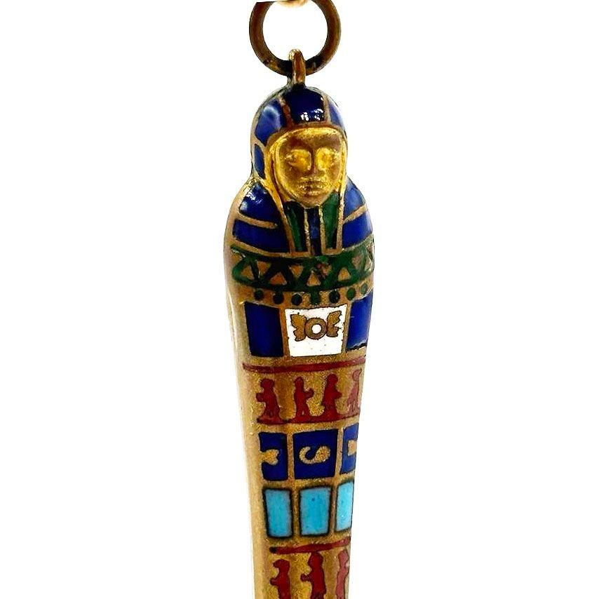 Egyptian Revival Pharaoh Sarcophagus Gilt & Enamel Retractable Pencil Pendant In Excellent Condition For Sale In Van Nuys, CA