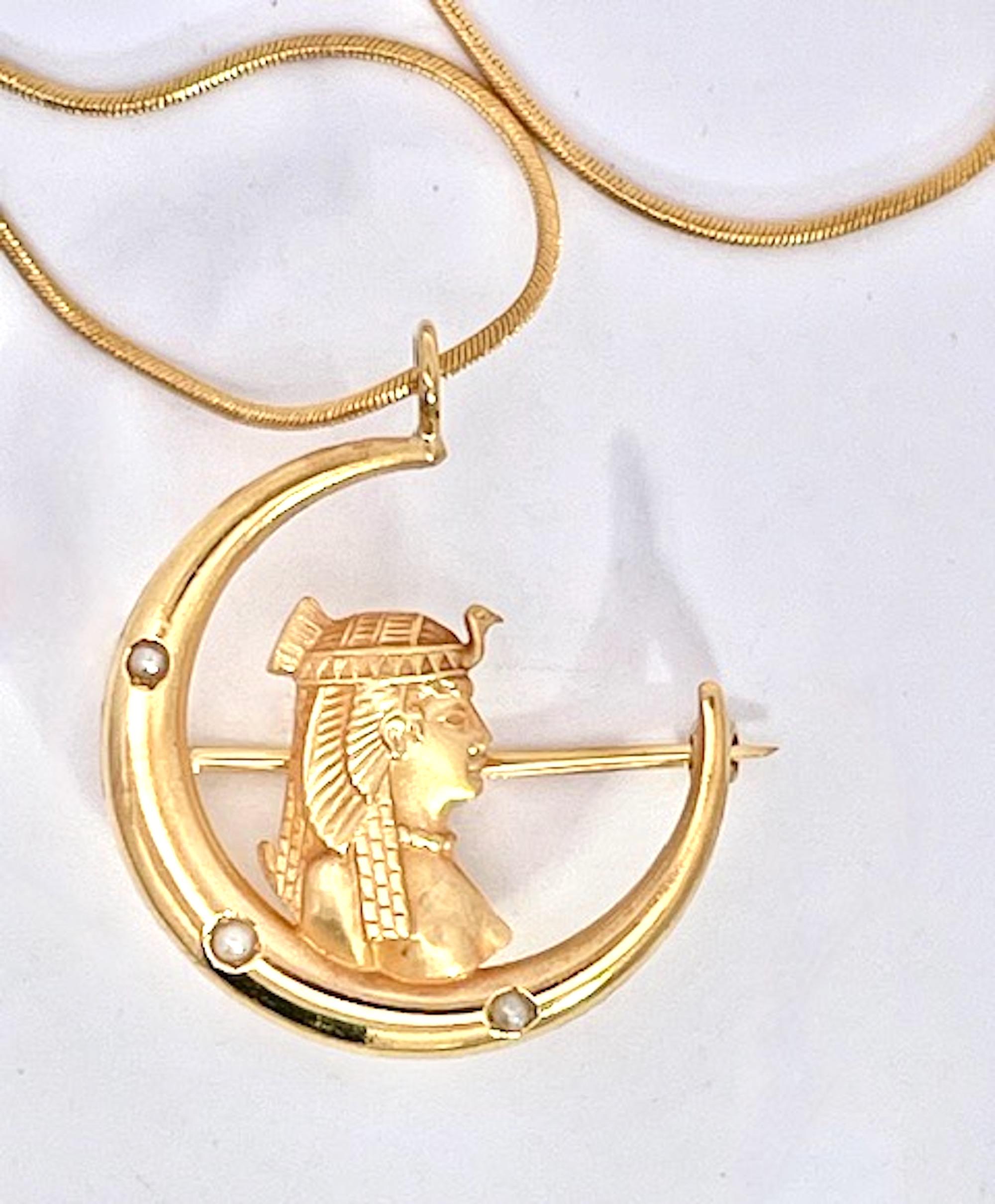Round Cut Egyptian Revival Pharoah on Crescent Moon 14K For Sale