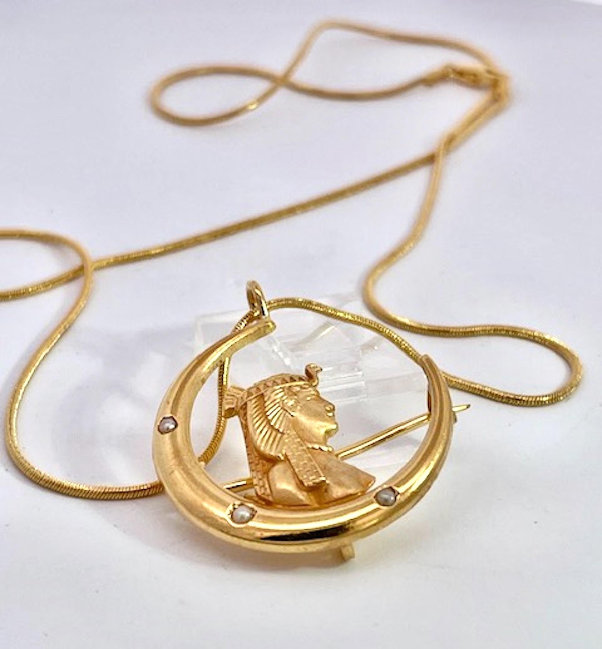 Egyptian Revival Pharoah on Crescent Moon 14K In Good Condition For Sale In North Hollywood, CA