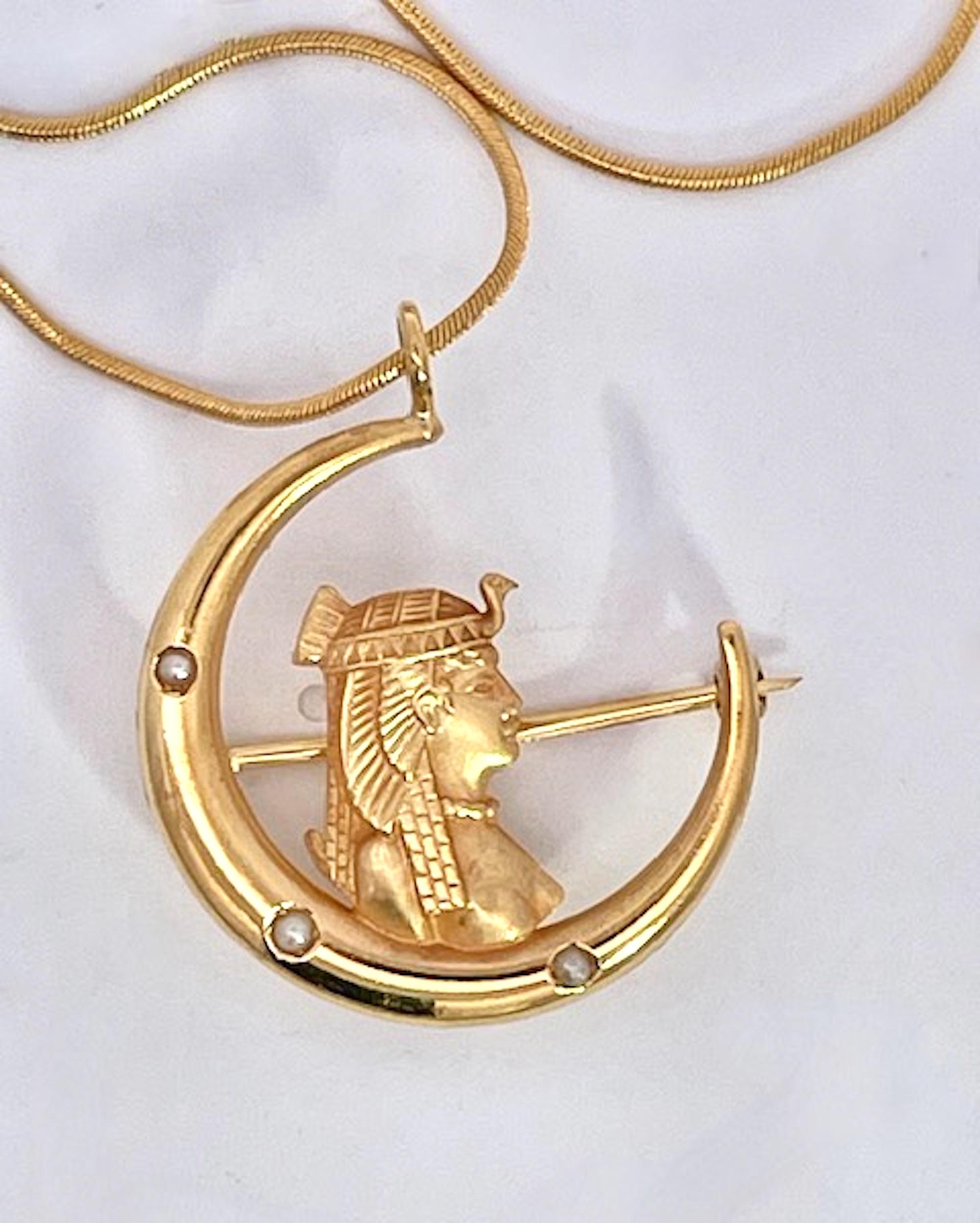 Women's or Men's Egyptian Revival Pharoah on Crescent Moon 14K For Sale