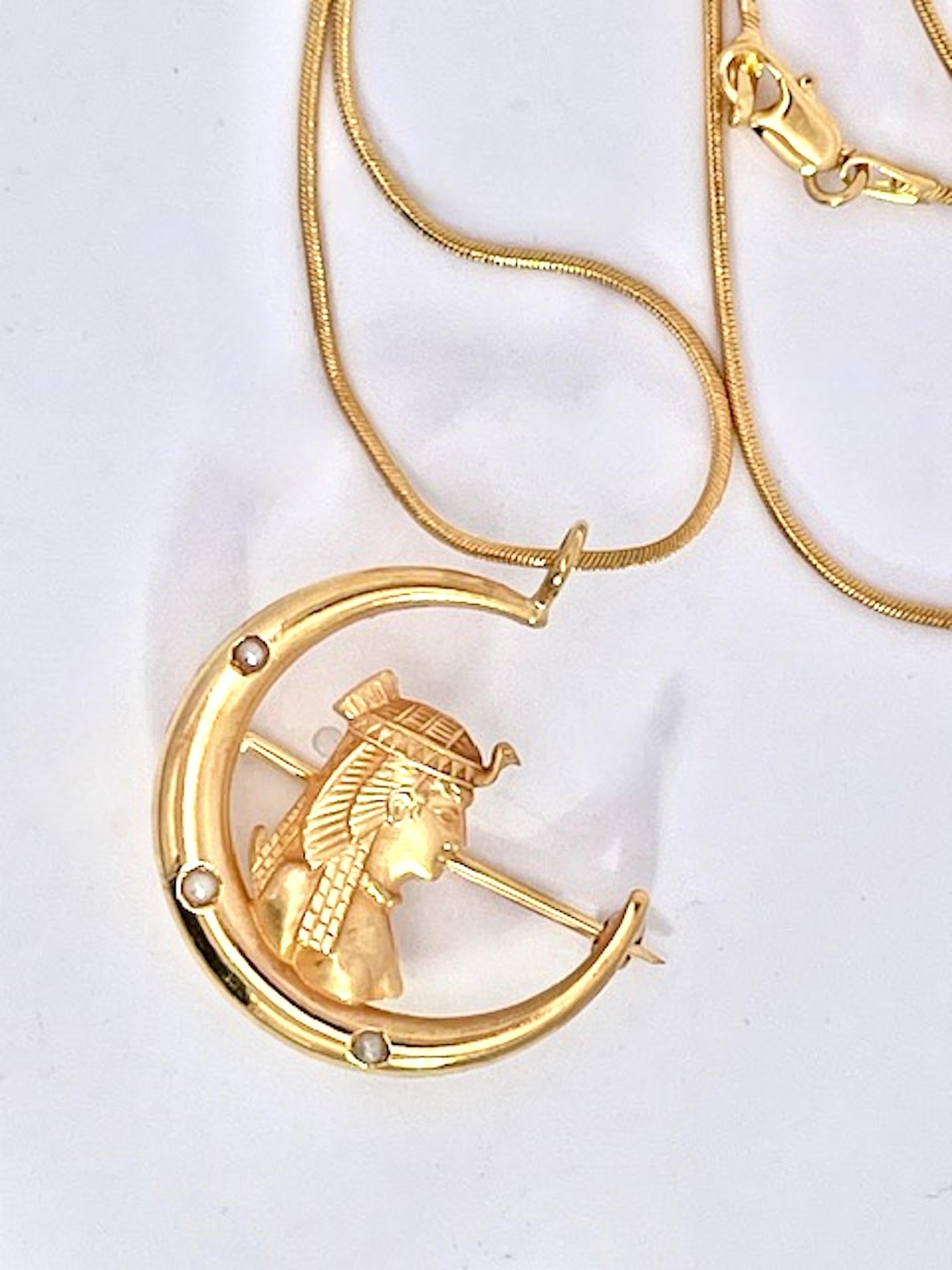 Egyptian Revival Pharoah on Crescent Moon 14K For Sale 1