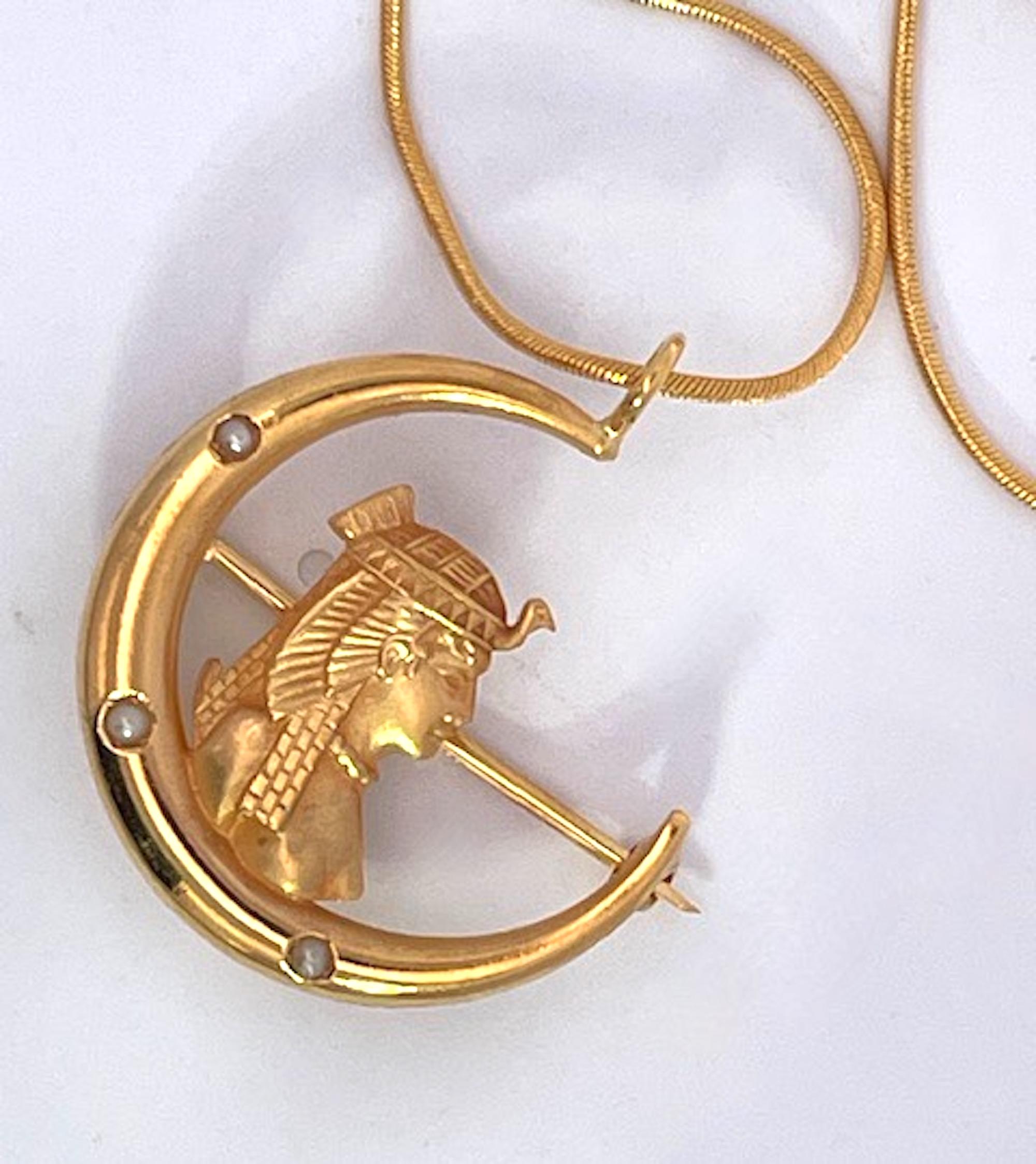 Egyptian Revival Pharoah on Crescent Moon 14K For Sale 2