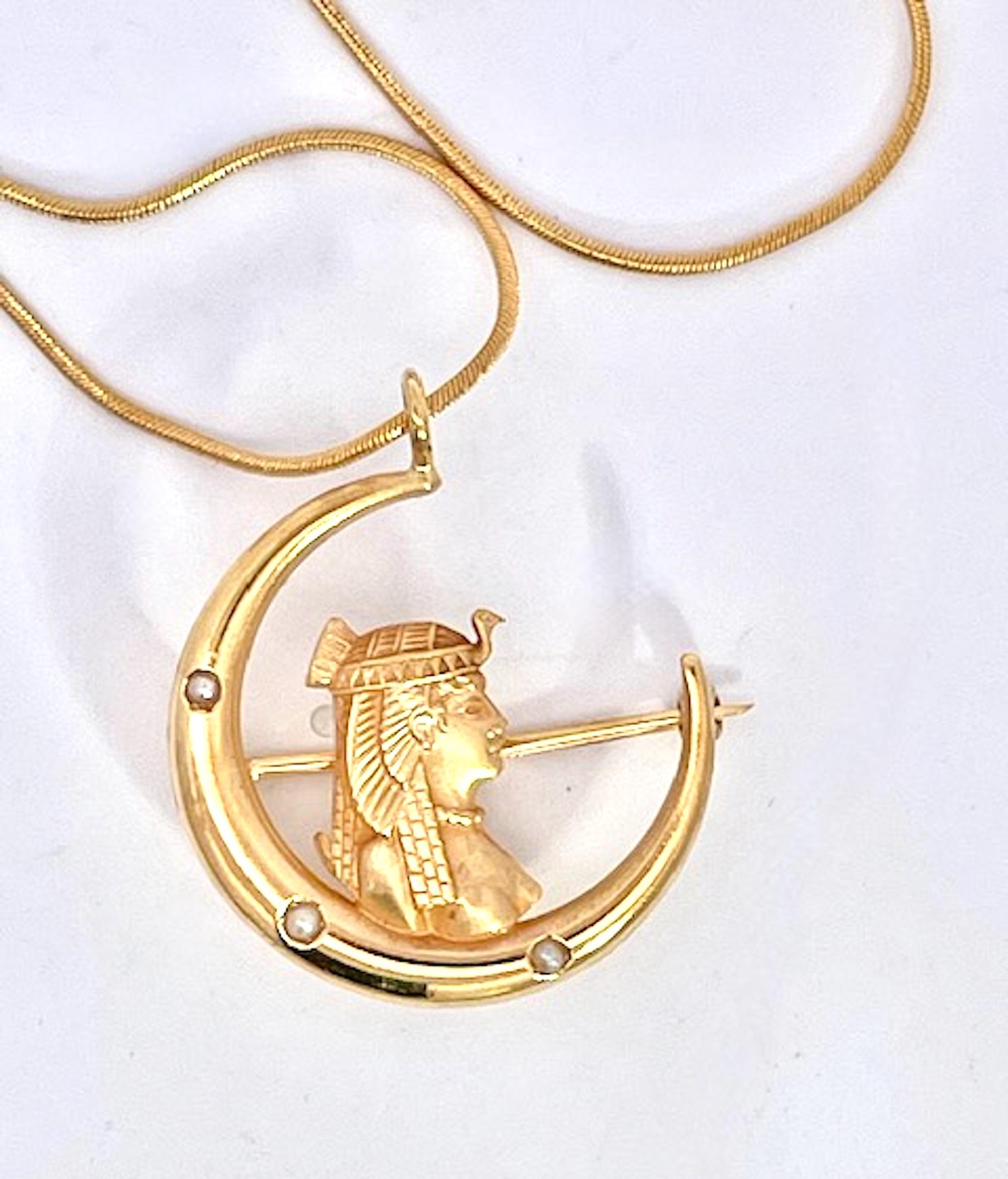Egyptian Revival Pharoah on Crescent Moon 14K For Sale 3