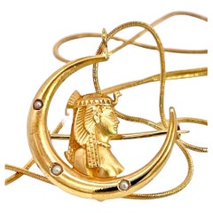Egyptian Revival Pharoah on Crescent Moon 14K