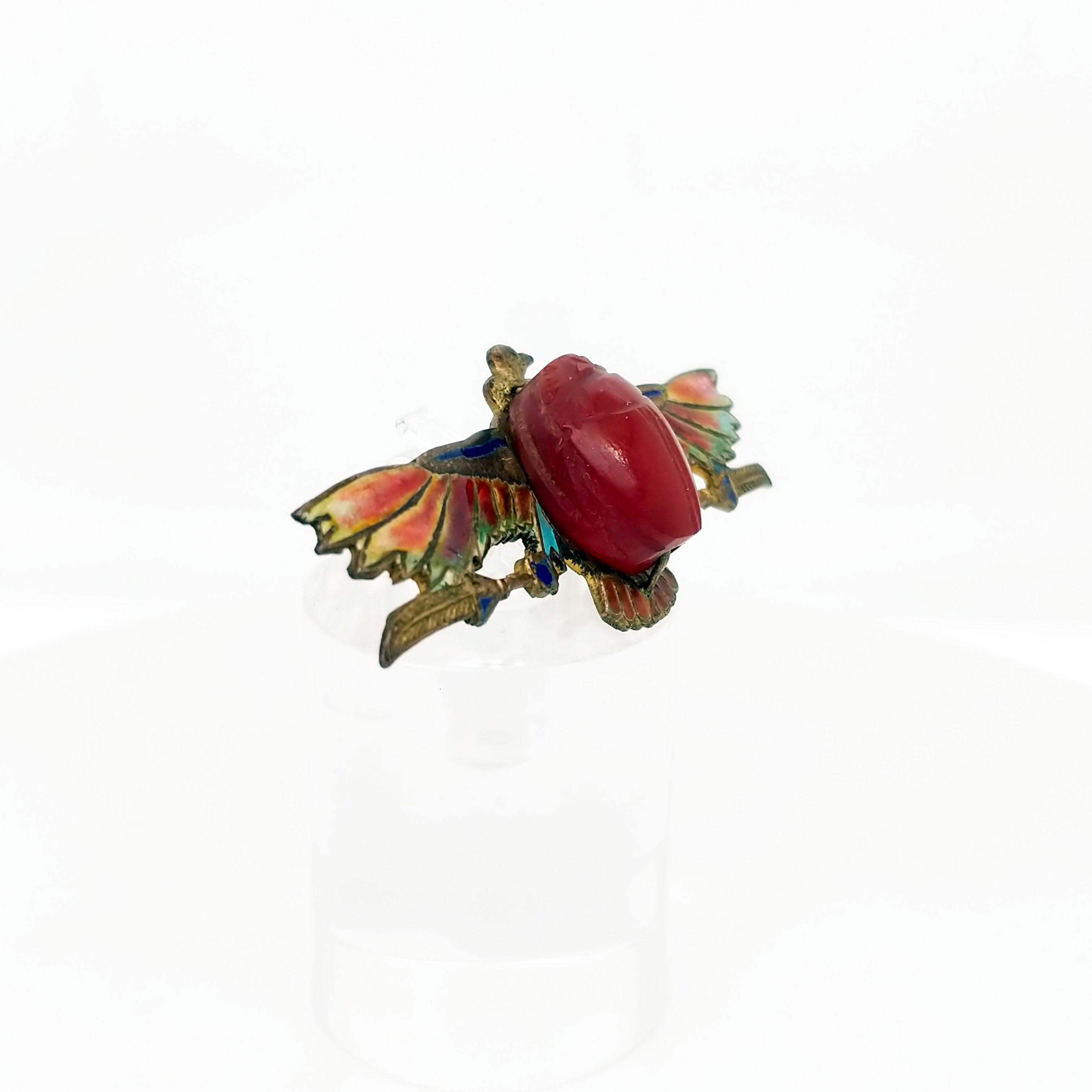 Cabochon Egyptian Revival Plique-à-Jour Carved Carnelian Scarab Eagle Pin, 1923 For Sale