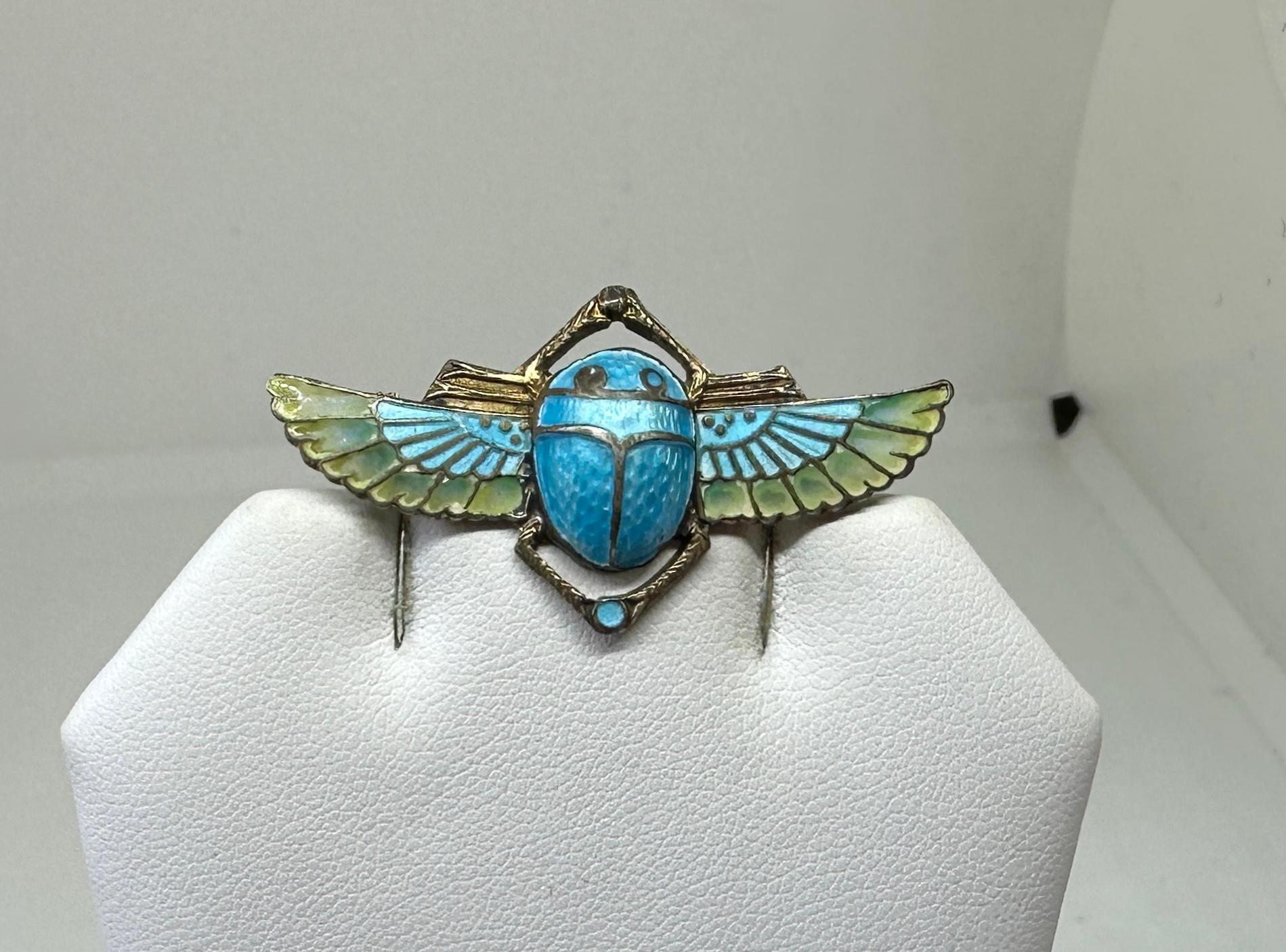 Egyptian Revival Plique A Jour Enamel Winged Scarab Insect Brooch Pin Art Deco 6