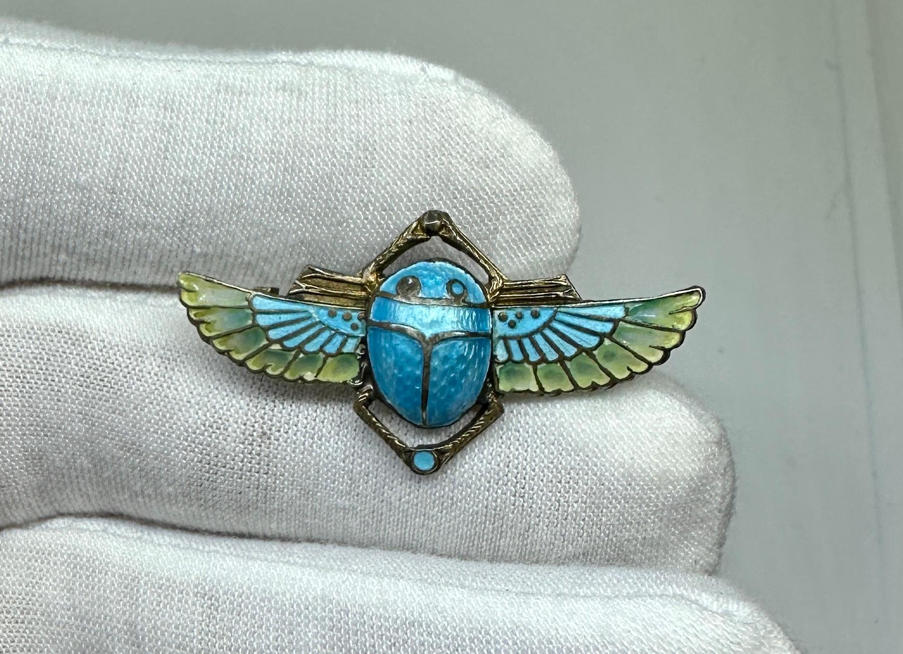 Women's or Men's Egyptian Revival Plique A Jour Enamel Winged Scarab Insect Brooch Pin Art Deco