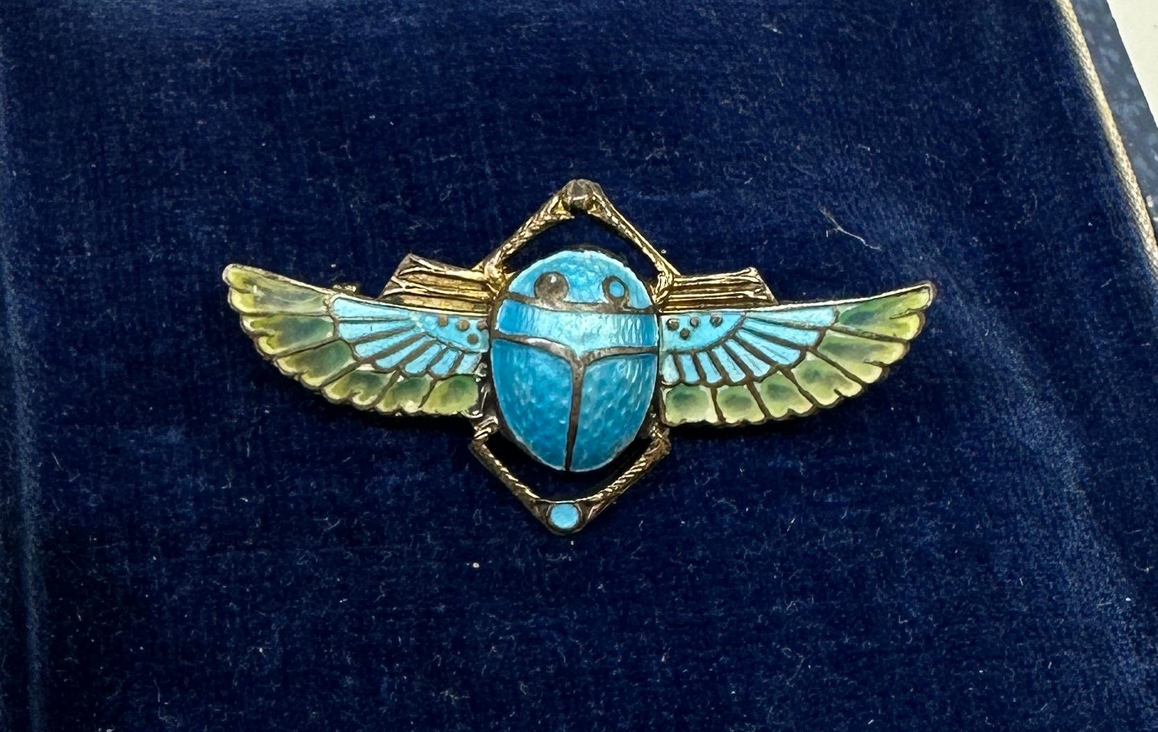 Egyptian Revival Plique A Jour Enamel Winged Scarab Insect Brooch Pin Art Deco 1