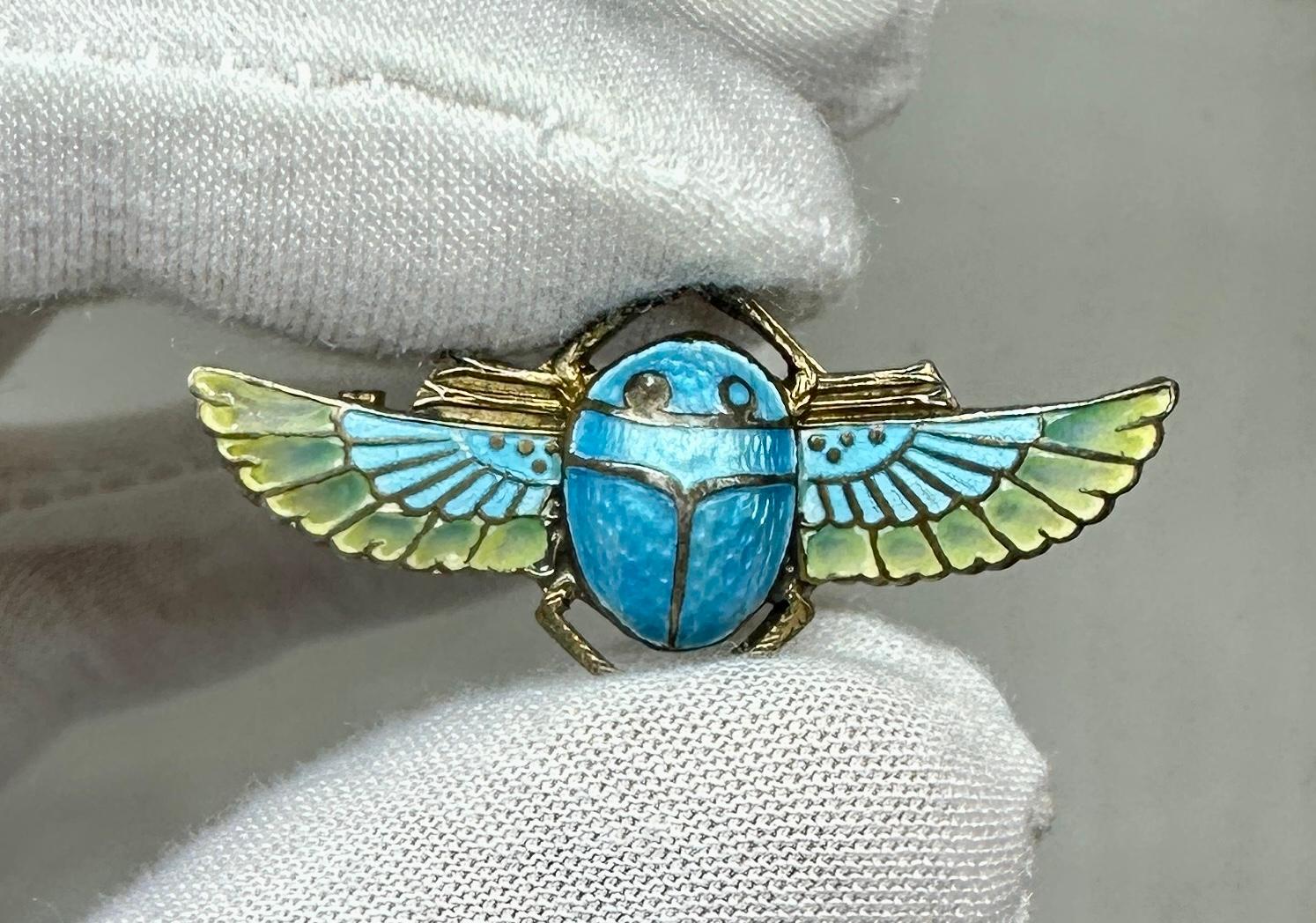 Egyptian Revival Plique A Jour Enamel Winged Scarab Insect Brooch Pin Art Deco 3