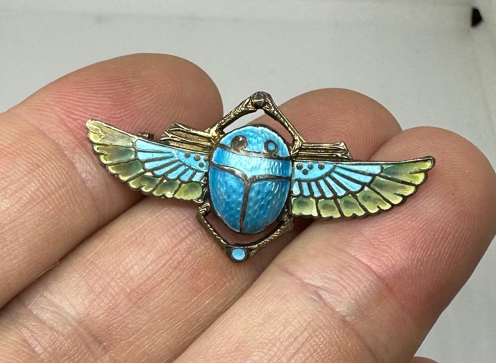 Egyptian Revival Plique A Jour Enamel Winged Scarab Insect Brooch Pin Art Deco 4