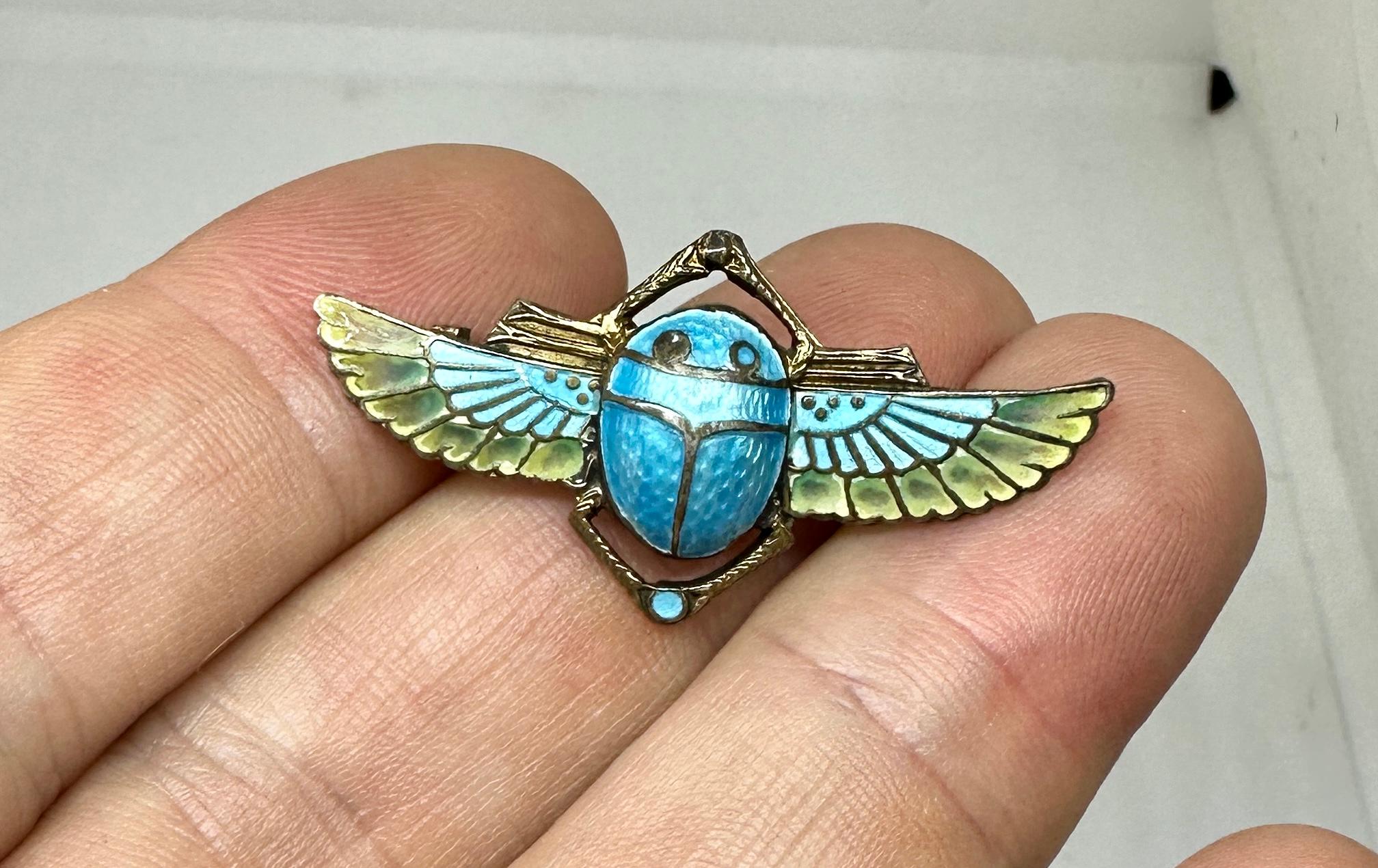 Egyptian Revival Plique A Jour Enamel Winged Scarab Insect Brooch Pin Art Deco 5