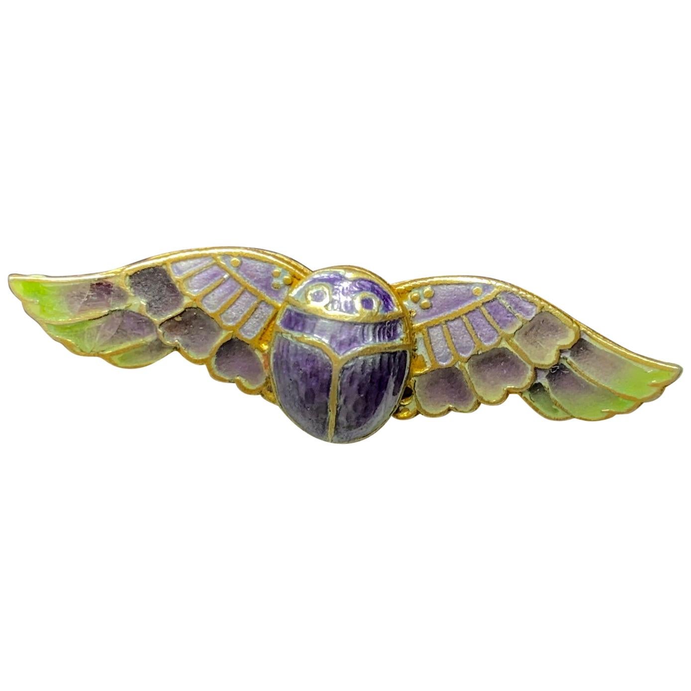 Egyptian Revival Plique A Jour Enamel Winged Scarab Insect Brooch Pin Art Deco