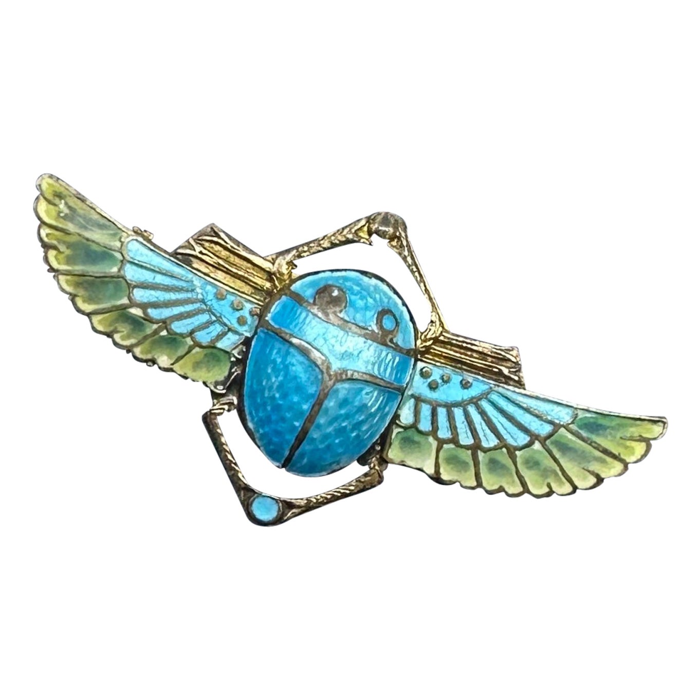 Egyptian Revival Plique A Jour Enamel Winged Scarab Insect Brooch Pin Art Deco