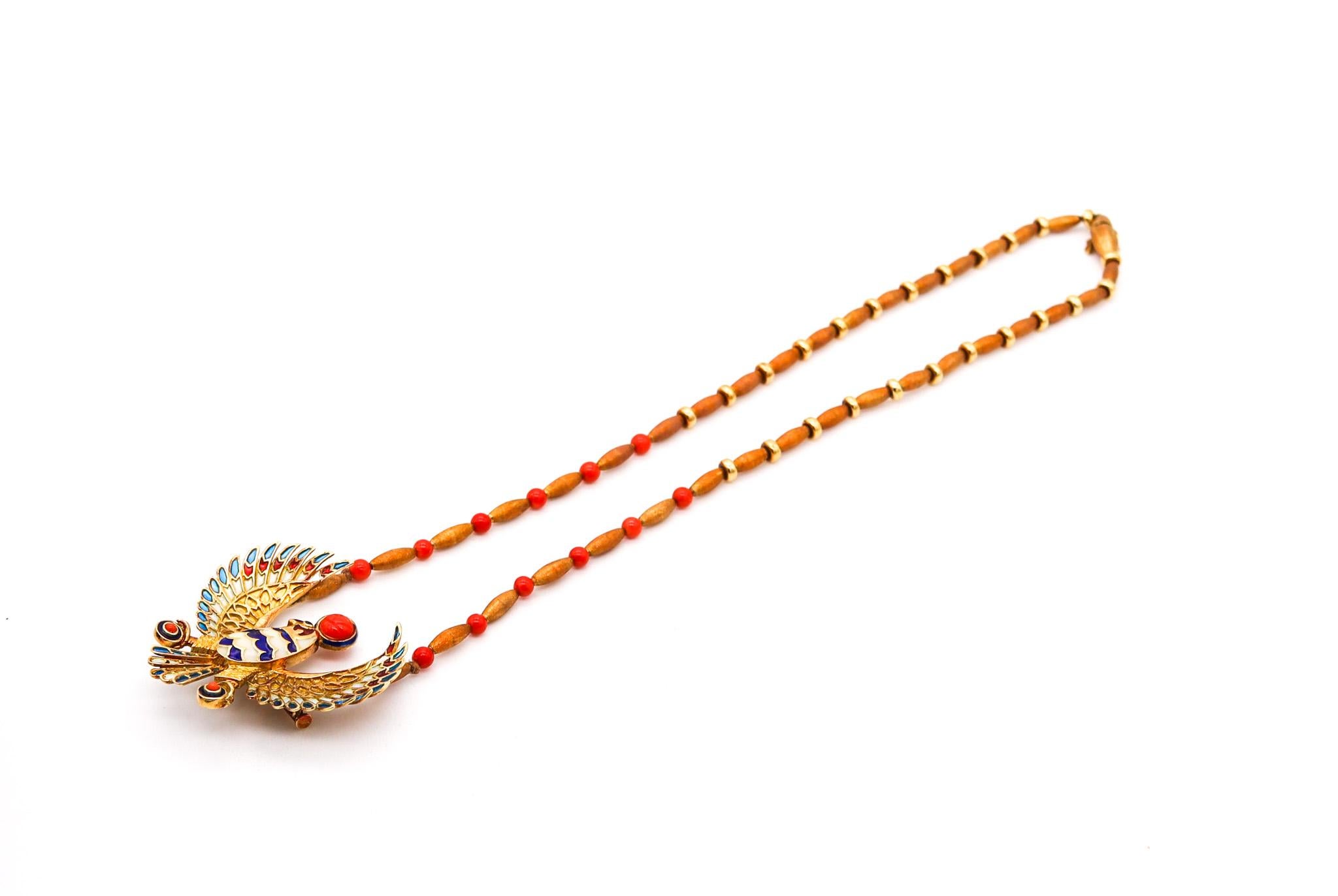 An Egyptian revival Plique à Jour enamel Orus necklace

Very beautiful and colorful piece made with Egyptian revival motifs from the ancient kingdom of the Pharaohs. The main focus part is the figure of a falcon with open wings in representation of