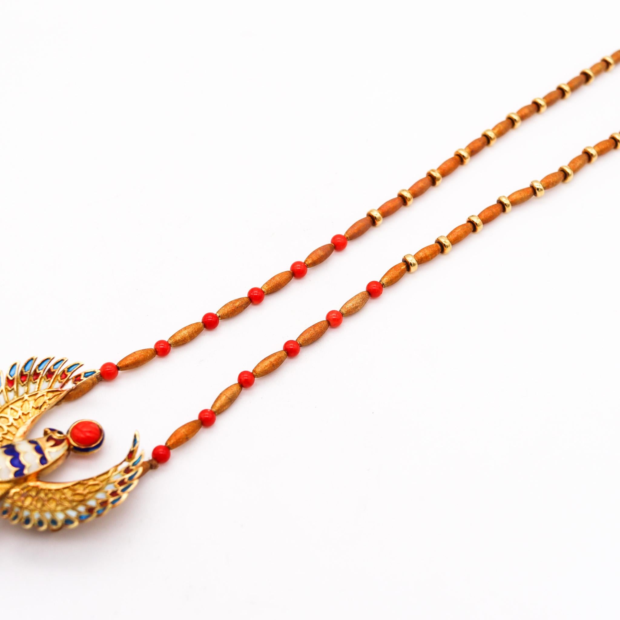Cabochon Egyptian Revival Plique à Jour Enameled Horus Necklace In 18Kt Gold With Coral