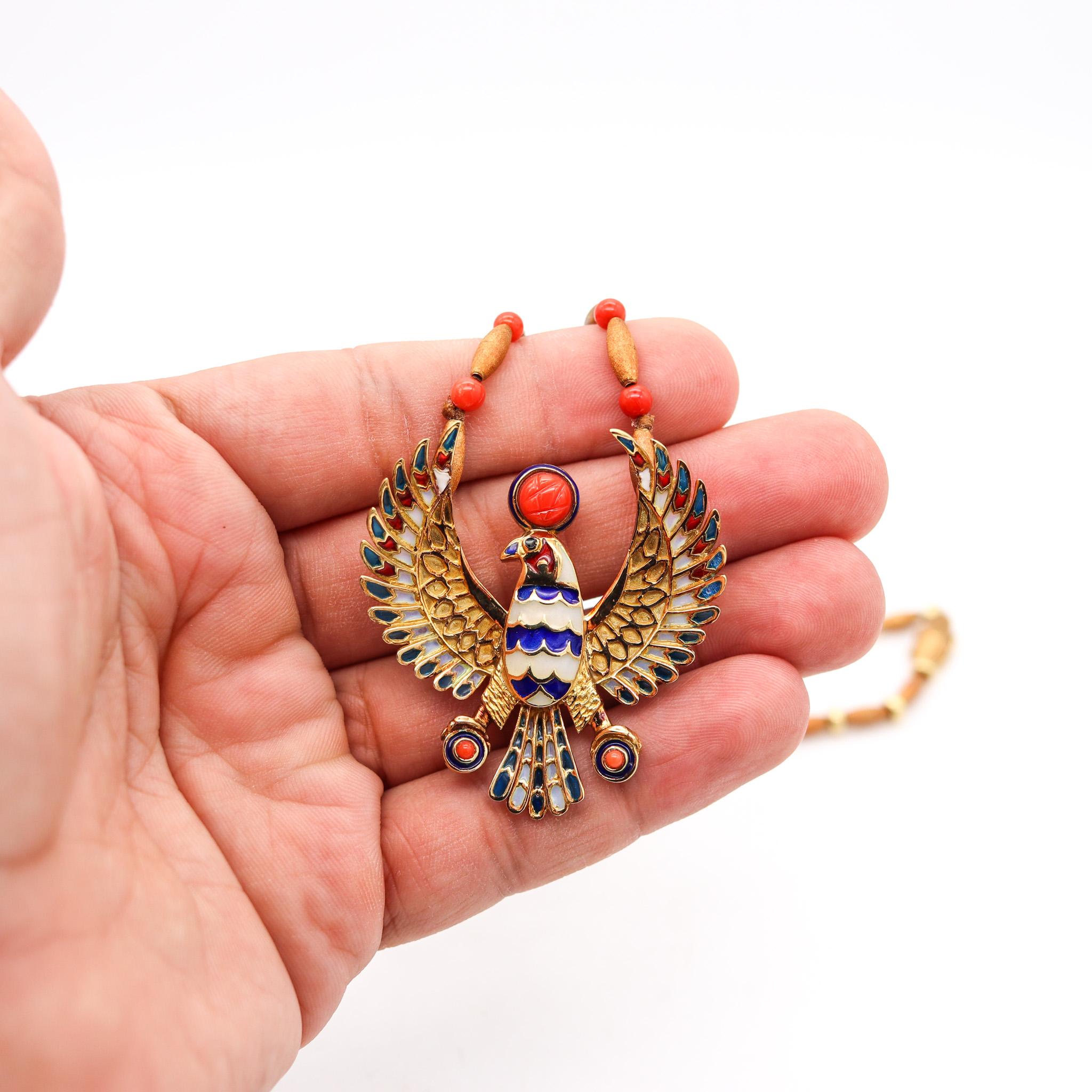 Egyptian Revival Plique à Jour Enameled Horus Necklace In 18Kt Gold With Coral In Excellent Condition In Miami, FL